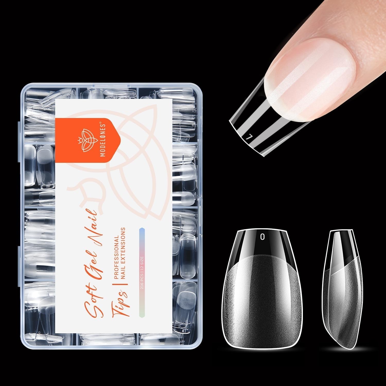 Modelones Nail Tips 216 pezzi - Set di punte per unghie a copertura totale, Set di punte in gel morbido, Punte per unghie in resina PMMA pre-lucidatura, Colla fai-da-te su unghie artificiali, Mandorle corte XS