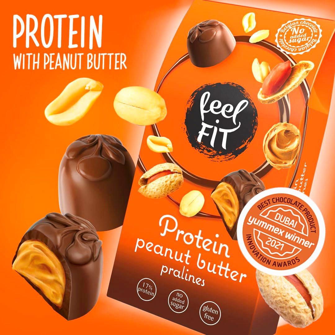 Feel FIT Praline proteiche al burro di arachidi in cioccolato al latte di alta qualità, senza zuccheri aggiunti, 17% di proteine, senza glutine 66g (1 confezione)