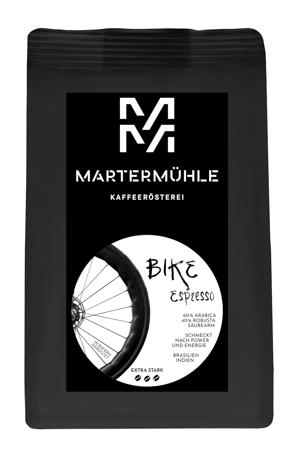Chicchi di caffè espresso Martermühle Bike 500g Strong | Arabica/Robusta | Gusti: Noci di macadamia, cioccolato al latte | Chicchi di caffè espresso interi tostati leggermente, bassa acidità