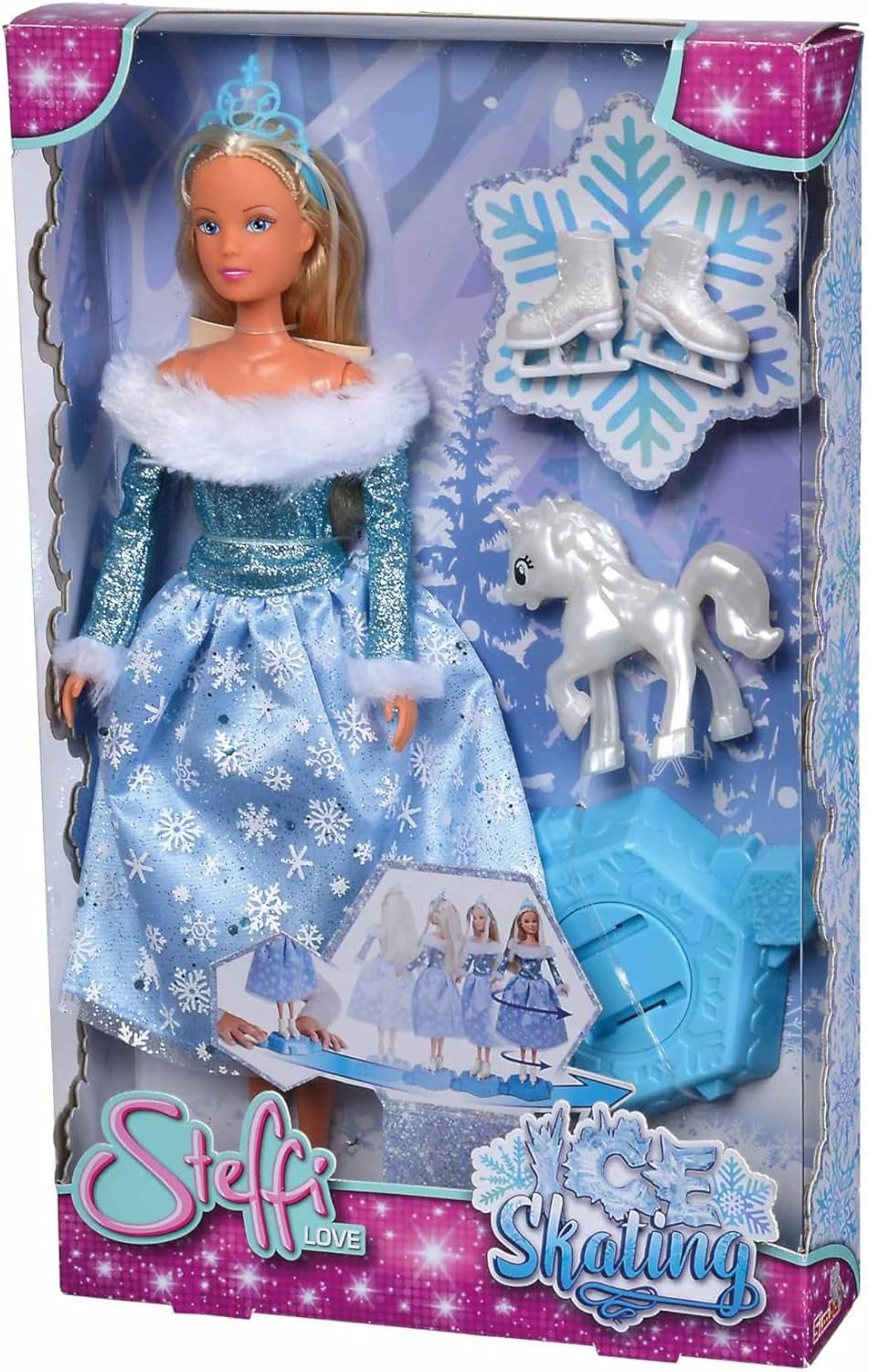 Simba 105733631 - Steffi Love Skating, bambola da principessa invernale con piattaforma di pattinaggio magica e piccolo unicorno, 29 cm, da 3 anni in su