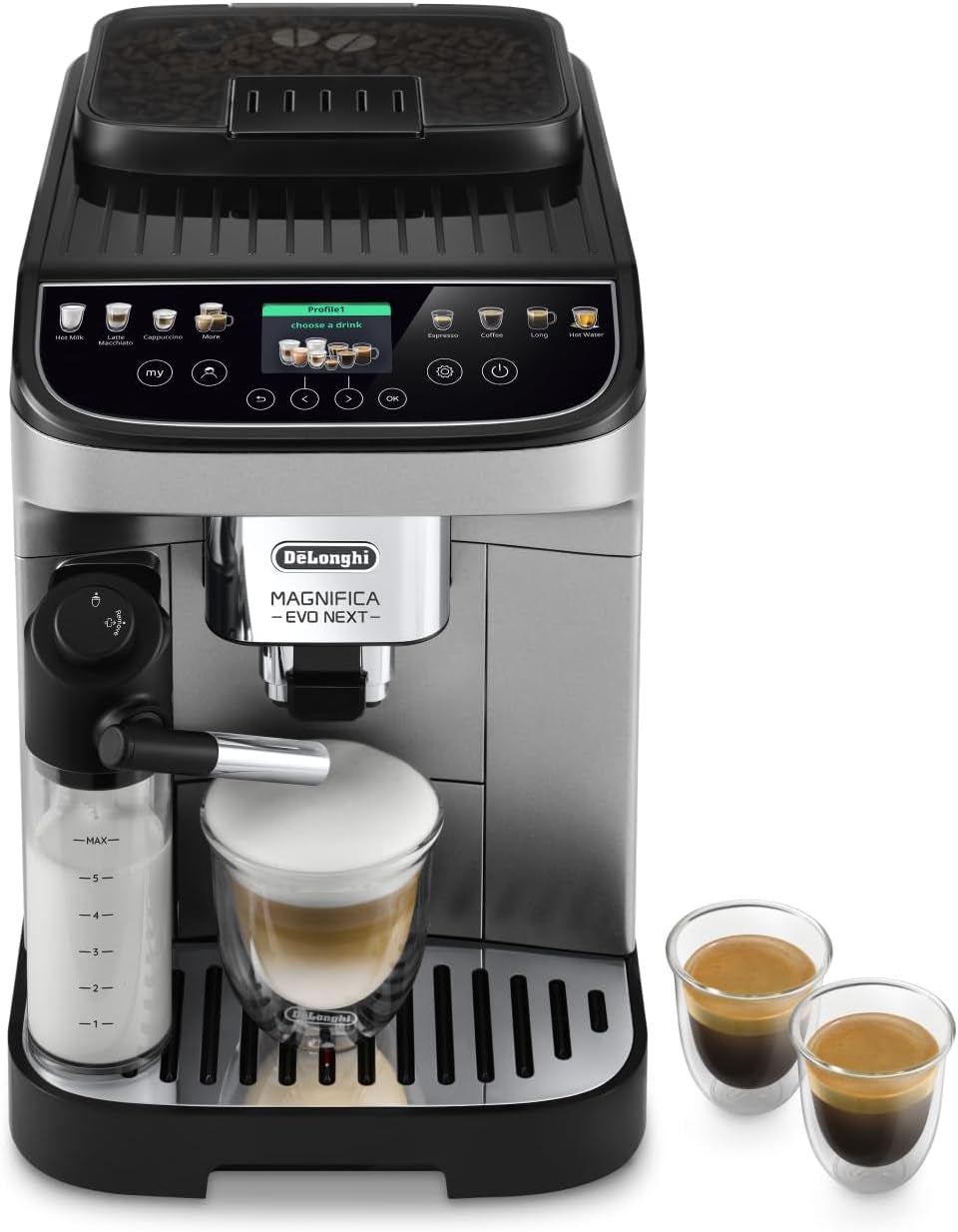 De'Longhi Magnifica Evo Next - Perfetto Espressore completamente automatico con montalatte LatteCrema, 13 bevande one-touch, macchina per caffè e cappuccino, touch screen a colori, titanio (ECAM312.80.TB)