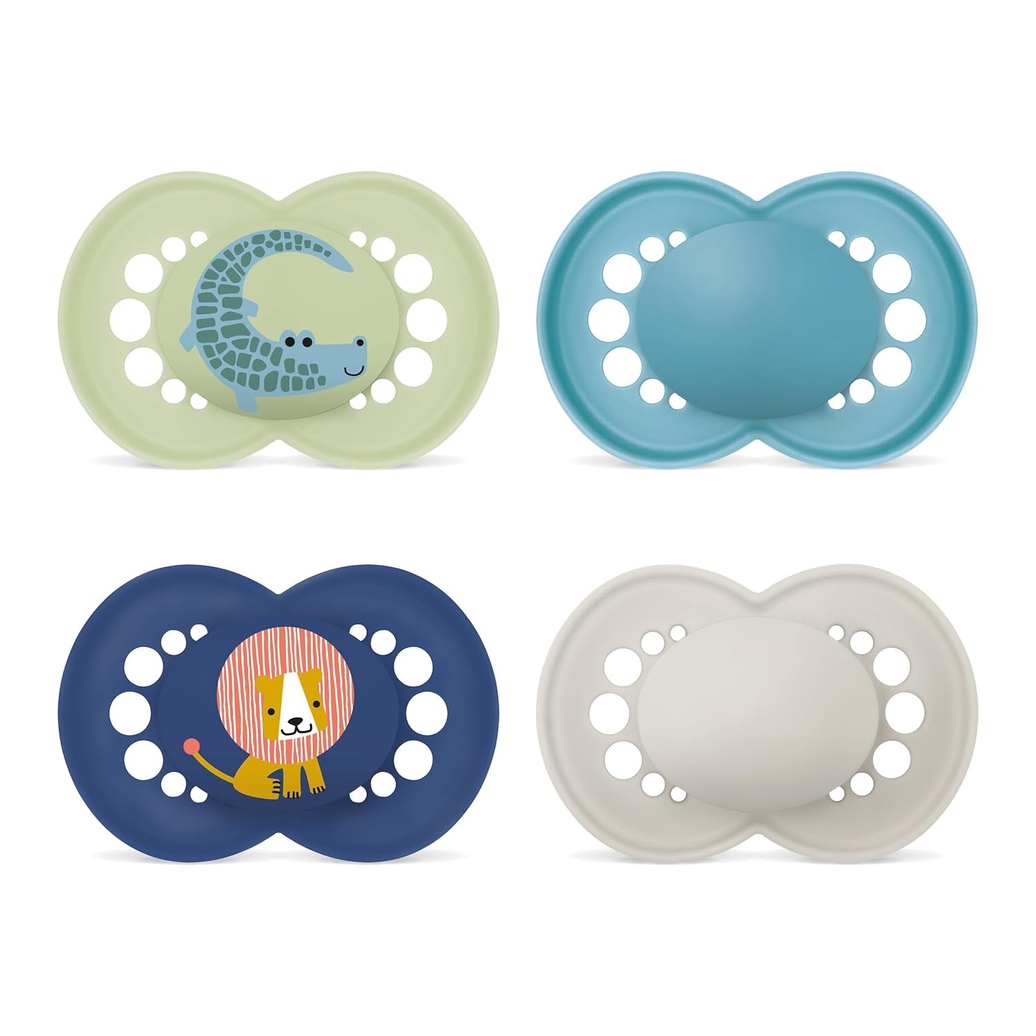 Ciucci MAM originali | Lunedì 6-16 | Set ciuccio per neonati e bambini piccoli | Accettazione 94% | Aiuta a prevenire l'allineamento indesiderato dei denti | Ciucci per bambini in silicone SkinSoft | Coccodrillo/Leone | Confezione da 4