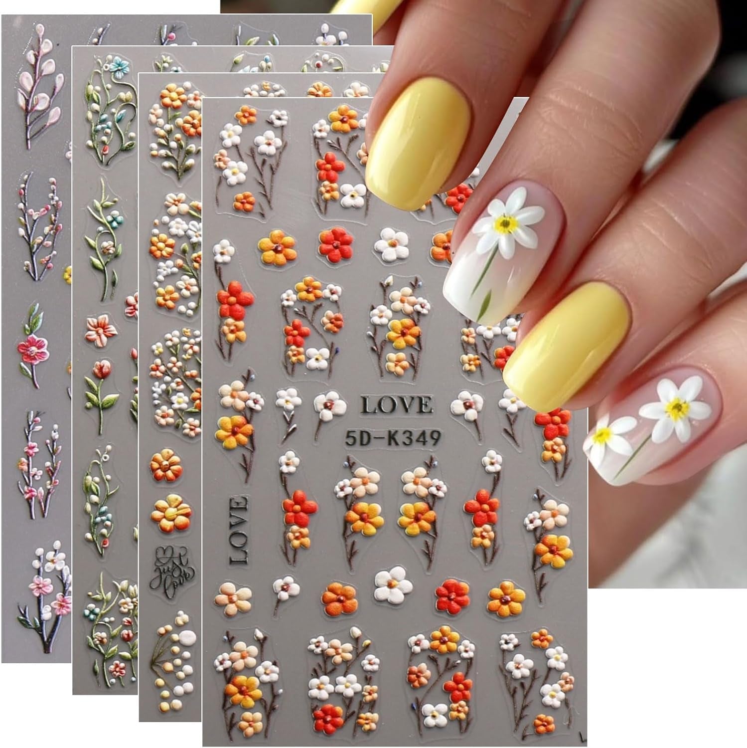 JMEOWIO 3D Nagelsticker Blumen Nail Art Sticker Self-klebend Nagelaufkleber 5D Stereoscopico Herbst Blumen Dekoration Nageldesign Zubehör 4 Blatt