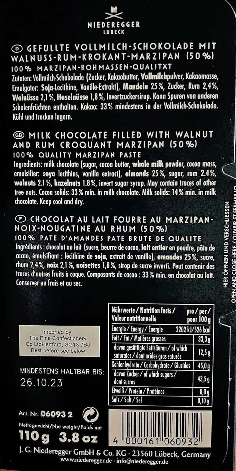 Niederegger Nuc-Rum Barretta di marzapane croccante 110g
