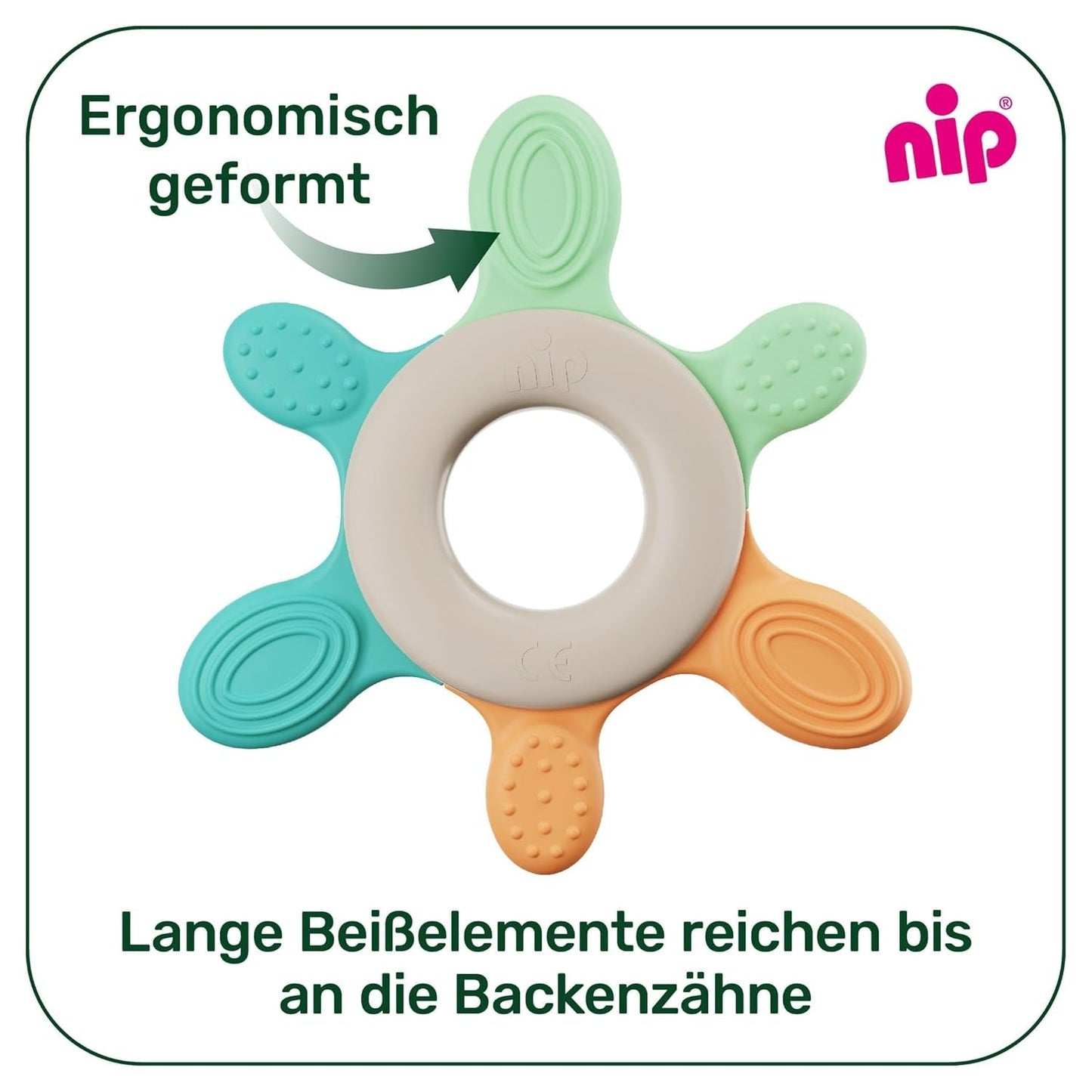 nip – Anello da dentizione | Anello da dentizione sostenibile per bambini a partire da 3 mesi, realizzato con oltre il 65% di materie prime naturali. Per un massaggio delicato delle gengive, della lingua e dei denti | Rosso/Verde/Arancione