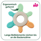 nip – Anello da dentizione | Anello da dentizione sostenibile per bambini a partire da 3 mesi, realizzato con oltre il 65% di materie prime naturali. Per un massaggio delicato delle gengive, della lingua e dei denti | Rosso/Verde/Arancione