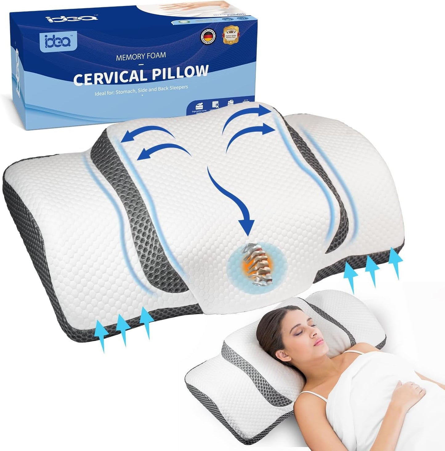 Cuscino Ortopedico, Cuscino Collo ergonomico, Cuscino Testa, Cuscino Memory Foam Originale per Fianchi, Supporto Schiena e Stomaco, Cuscino Supporto Collo per Uomo, Donna (67,3 X 38,2 X 13,8/3 Cm) Cuscini Ortopedici Cervicali Naty Shop