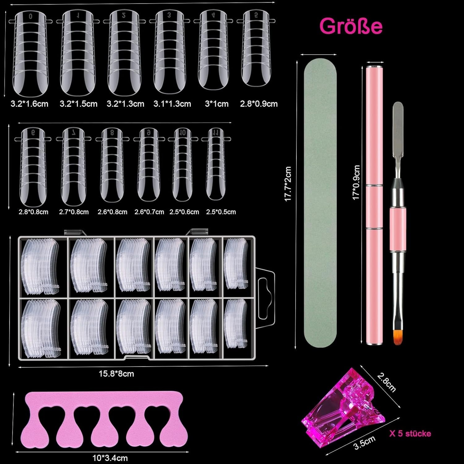 Set di 120 forme doppie per unghie, modelli per estensione unghie con pennello rosa a doppia punta, clip per punta delle unghie, separatore per dita in spugna e lima per unghie per unghie Polygel