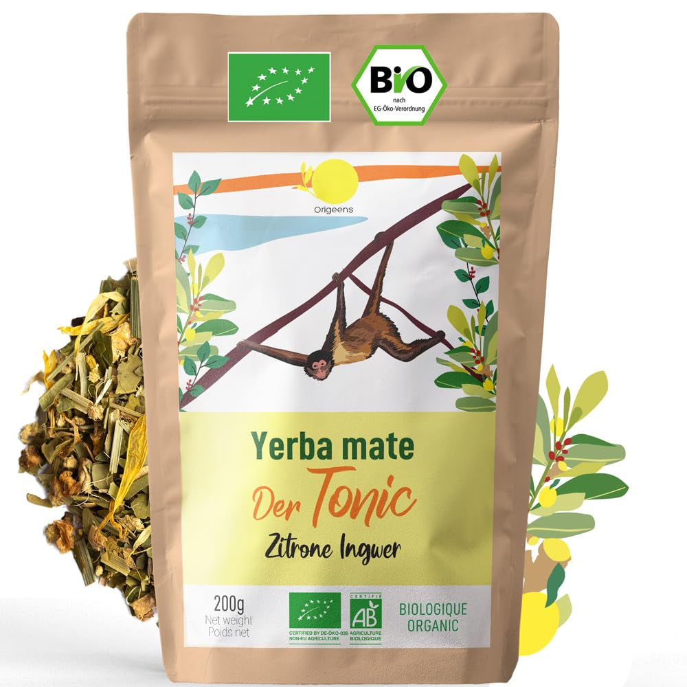ORIGEENS BIO YERBA MATE CON LIMONE E ZENZERO 200 G - Il tè energizzante I Tè Yerba Mate biologico, non tostato, foglie, senza gambi e polvere