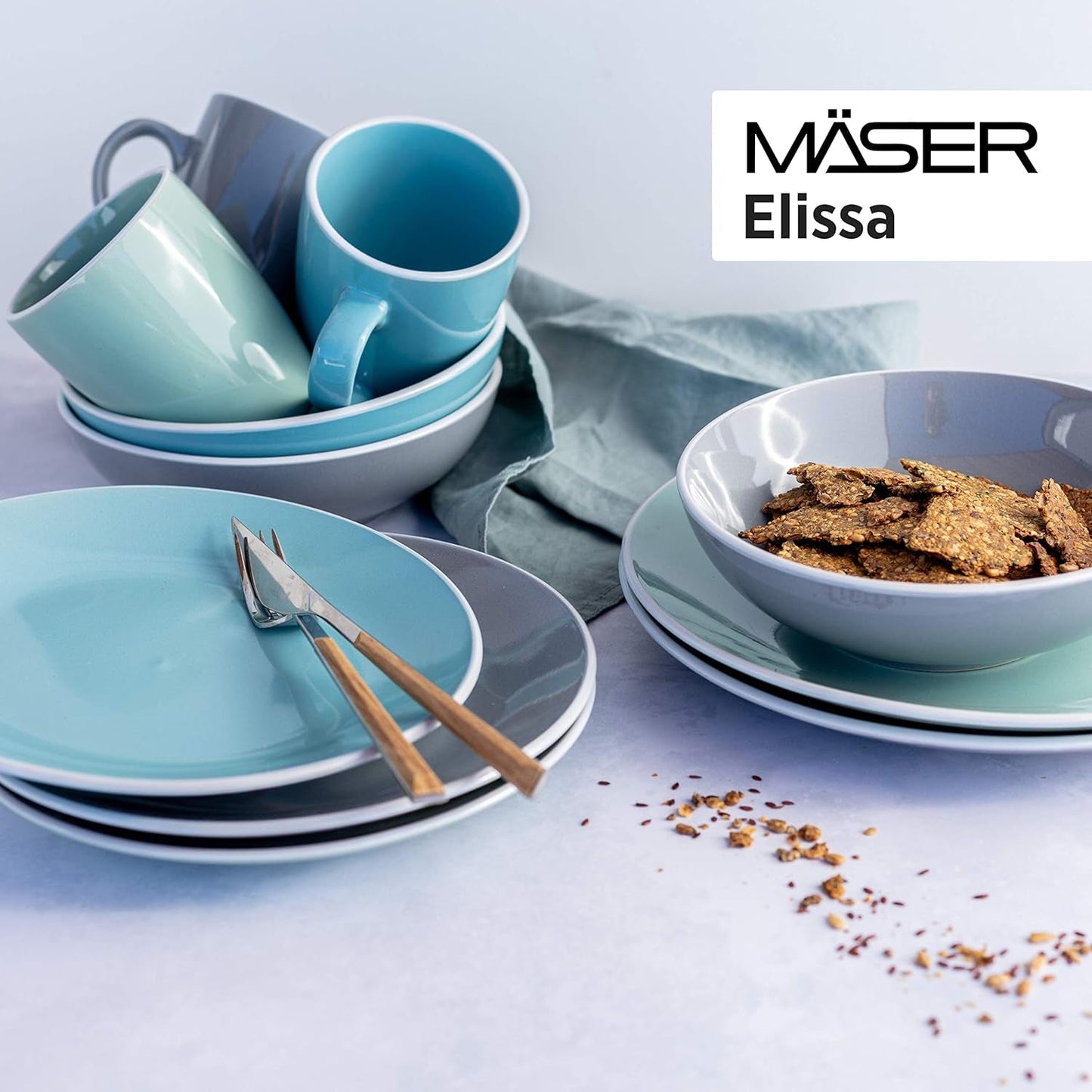 MÄSER 931844 Set di stoviglie moderne serie Elissa per 6, blu con bordo bianco, set combinato da 24 pezzi, ceramica