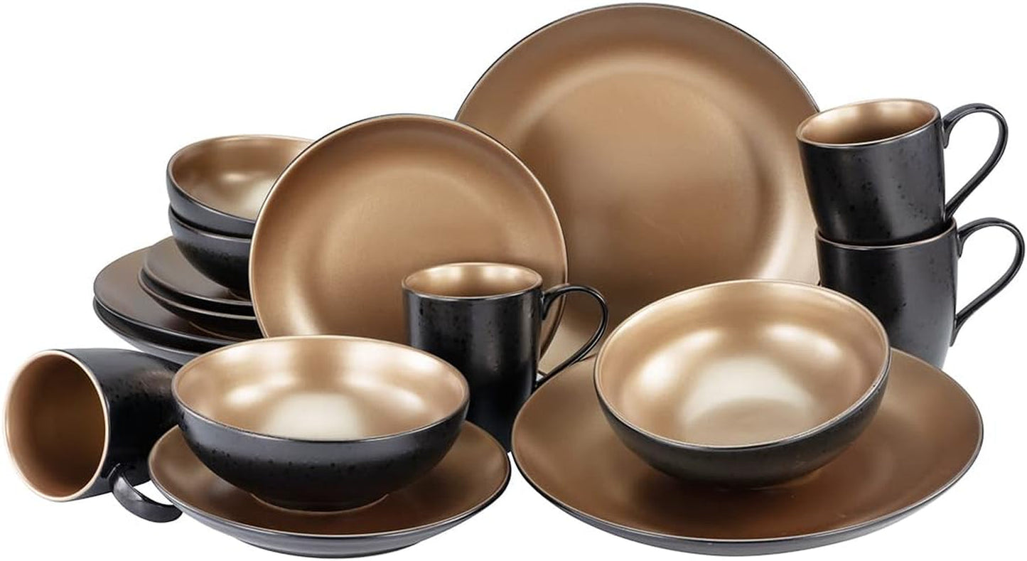 CreaTable, 23598, serie GLAMOUR - Oro, set di stoviglie da 16 pezzi, servizio combinato in porcellana, lavabile in lavastoviglie e adatto al microonde, produzione di qualità