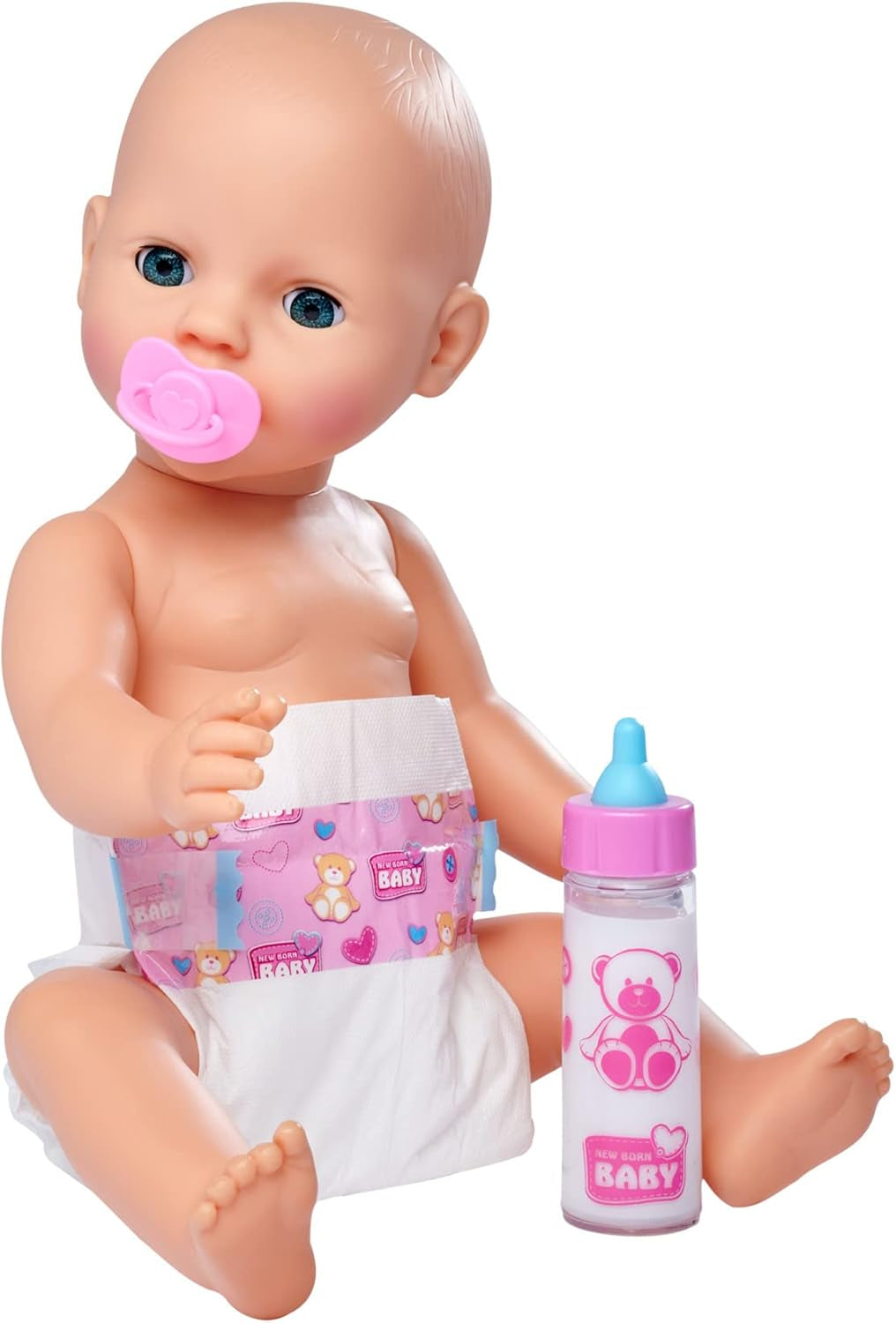 Simba 105562487 - Set Primo Allattamento New Born Baby, ciuccio, pannolino e biberon con contenuto a scomparsa, per bambole da 38-43 cm Naty Shop Dolls