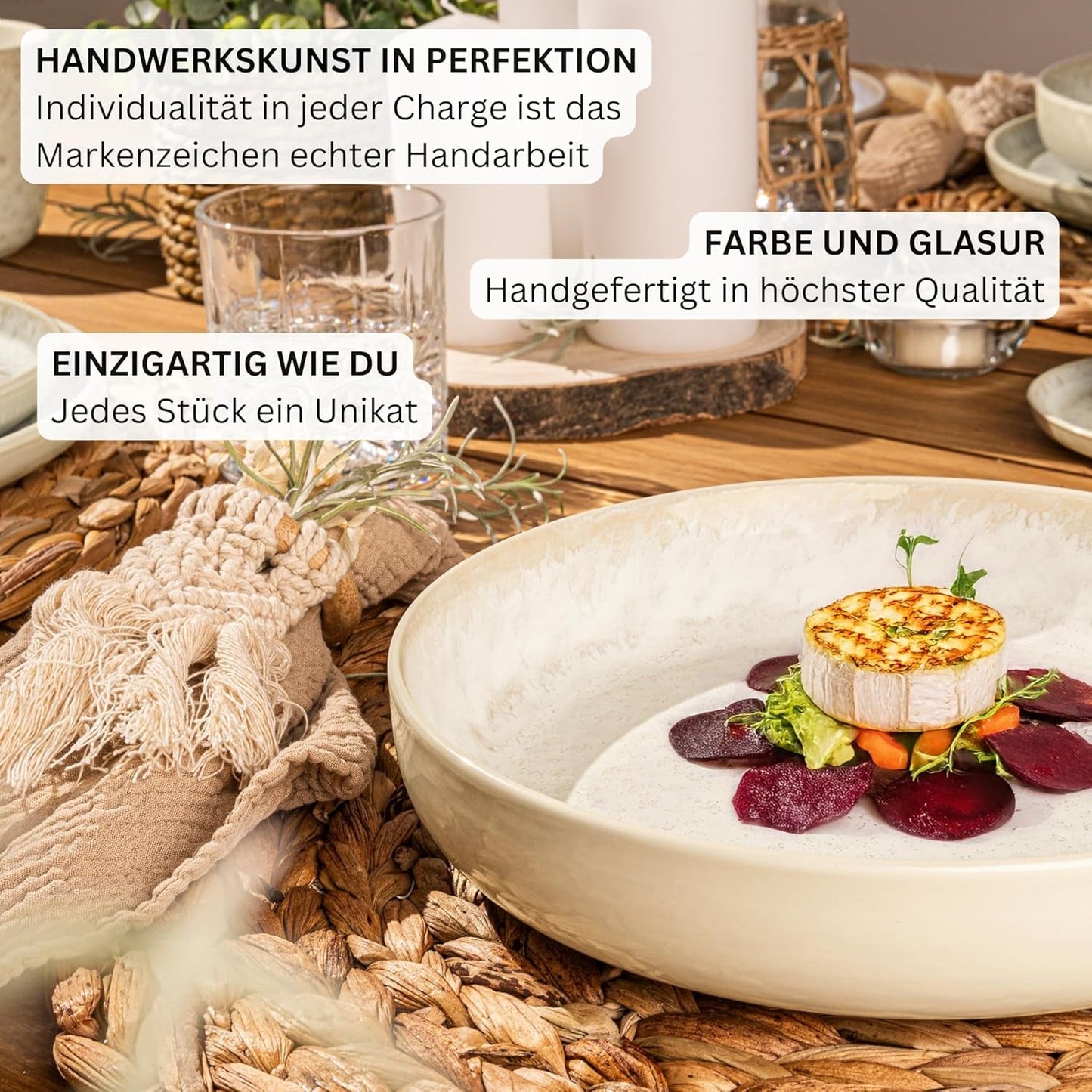 SÄNGER Key West | Set di stoviglie in gres Set di piatti piani da 24 pezzi per 6 6 piatti piani Ciotole per cereali Piatti da dessert Ciotole per pasta Stoviglie per panna con texture sabbia | LA COLLEZIONE DI VALORE