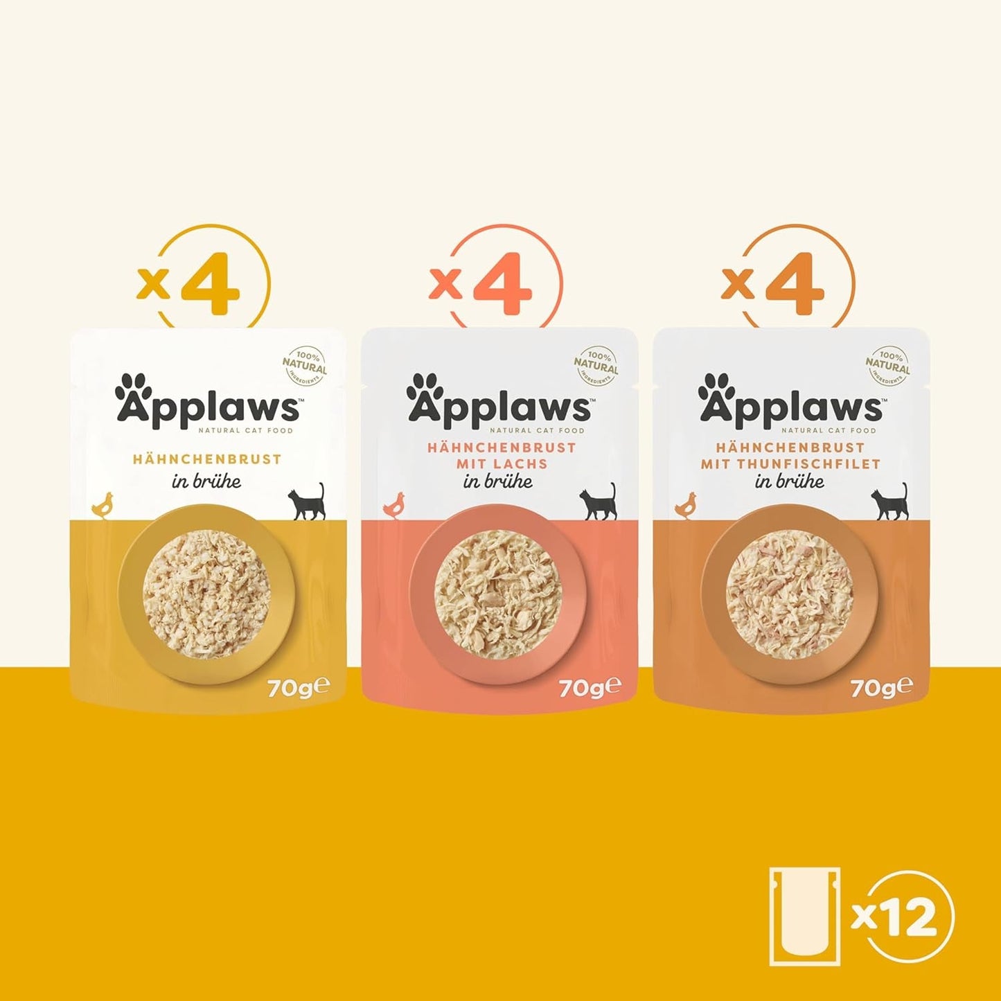 Applaws Bustine di cibo umido naturale per gatti, confezione multipla, selezione di brodo di pollo, 12 bustine x 70 g