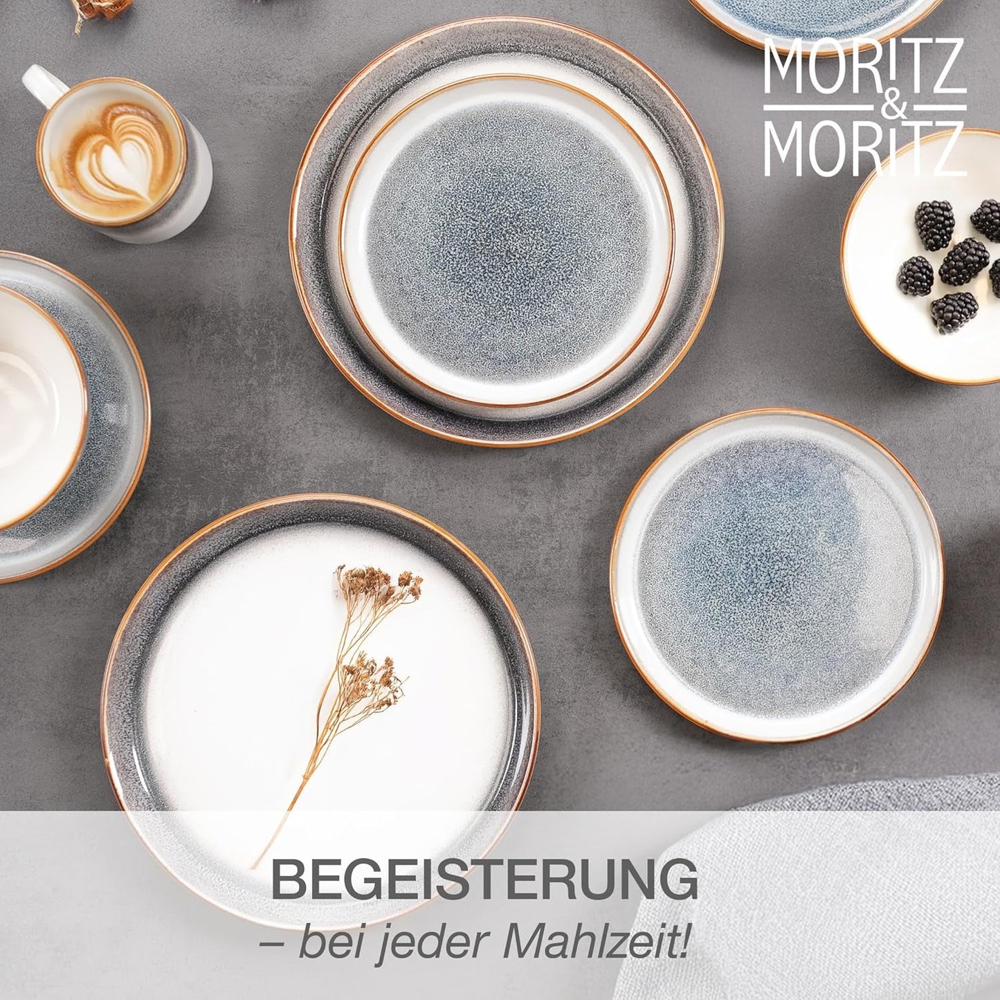Moritz & Moritz TARENTO Servizio Piatti 24 Pezzi per 6, Grigio - Elegante Set di Piatti in Gres di Alta Qualità - Il set di stoviglie comprende 6 piatti piani, 6 piatti da dessert, 6 piatti piani e 6 tazze