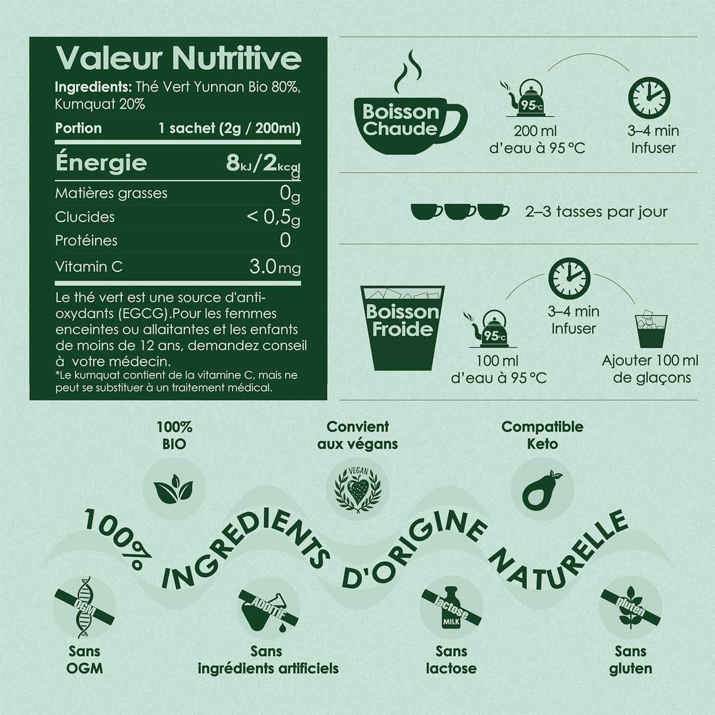 Yunnan Tuocha Zouji - Tè verde biologico con kumquat - Vitamina C - 100 bustine di tè - 200 g - Qualità Yunnan garantita
