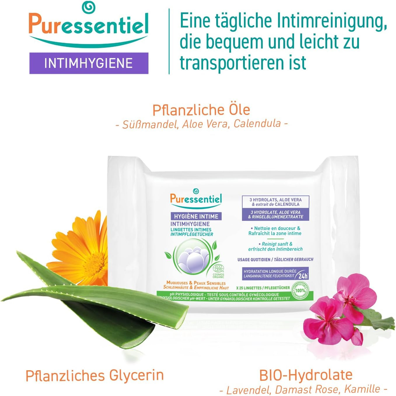Puressentiel - Igiene intima - Salviette intime - Detergenti e rinfrescanti - Mucose e pelle sensibili - Idratazione lunga durata 24 ore - Per uso quotidiano - X25 pz.