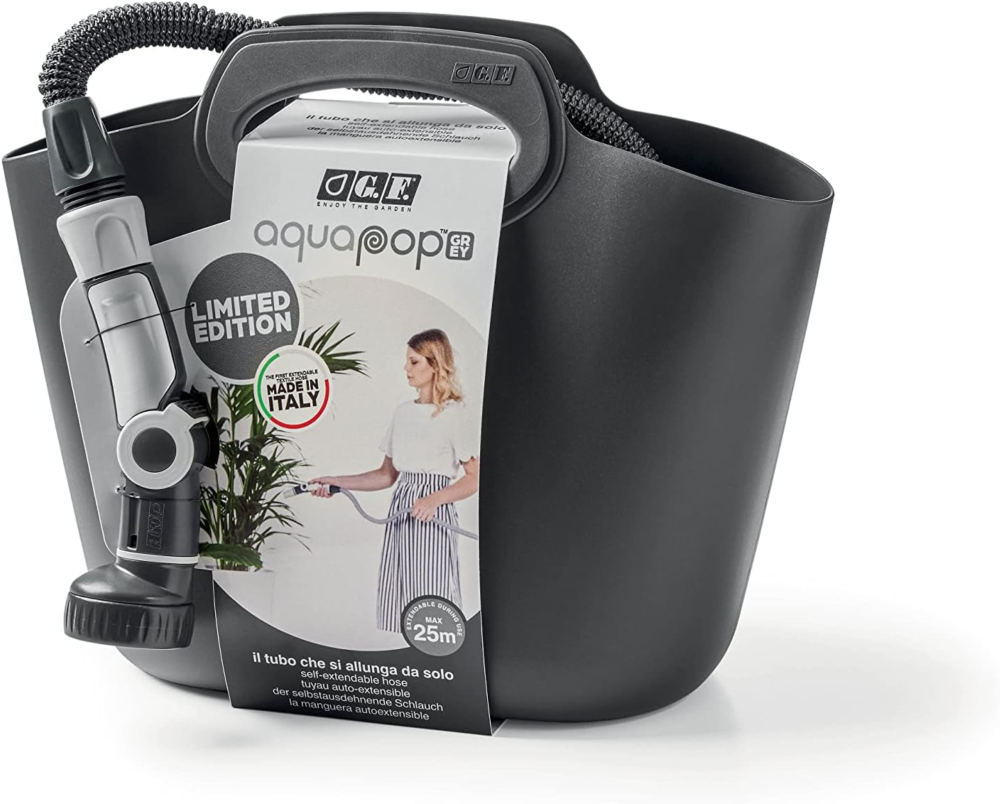 GF SRL, Aquapop Grey Limited Edition con tubo tessile autoestensibile da 25m Made in Italy, sacchetto in plastica morbida, ugelli e raccordi Lancia 8 per irrigazione giardino, grigio scuro