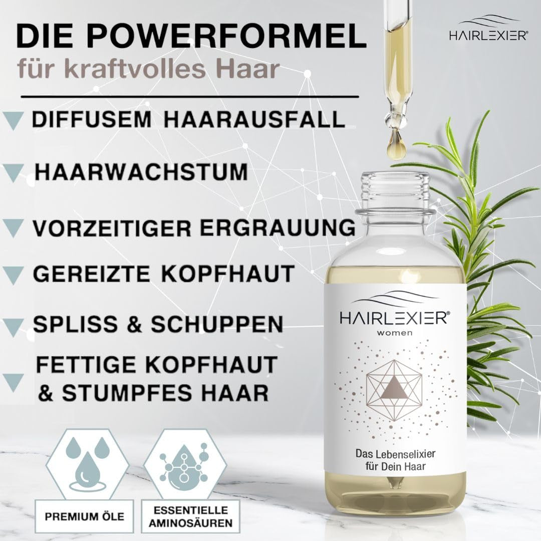 Hairlexier Rimedio per la Crescita dei Capelli per Donne - Olio per capelli al rosmarino, Olio per capelli all'olio di ricino, Olio alla lavanda, Siero naturale per capelli contro la caduta diffusa dei capelli, Supporta la crescita dei capelli, Vegano e biologico + Manuale per la cura dei capelli Naty Shop