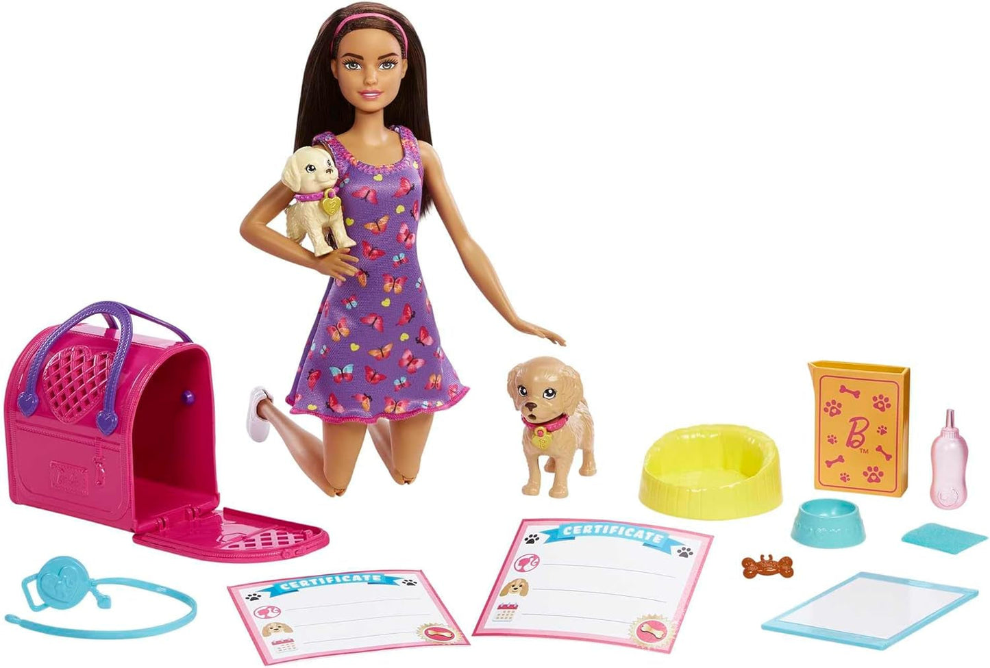 Barbie Puppy Adozione - Bambola e 2 cuccioli, con certificati di adozione, effetto cambio colore, gabbia e accessori, per bambini dai 3 anni in su, HKD 86