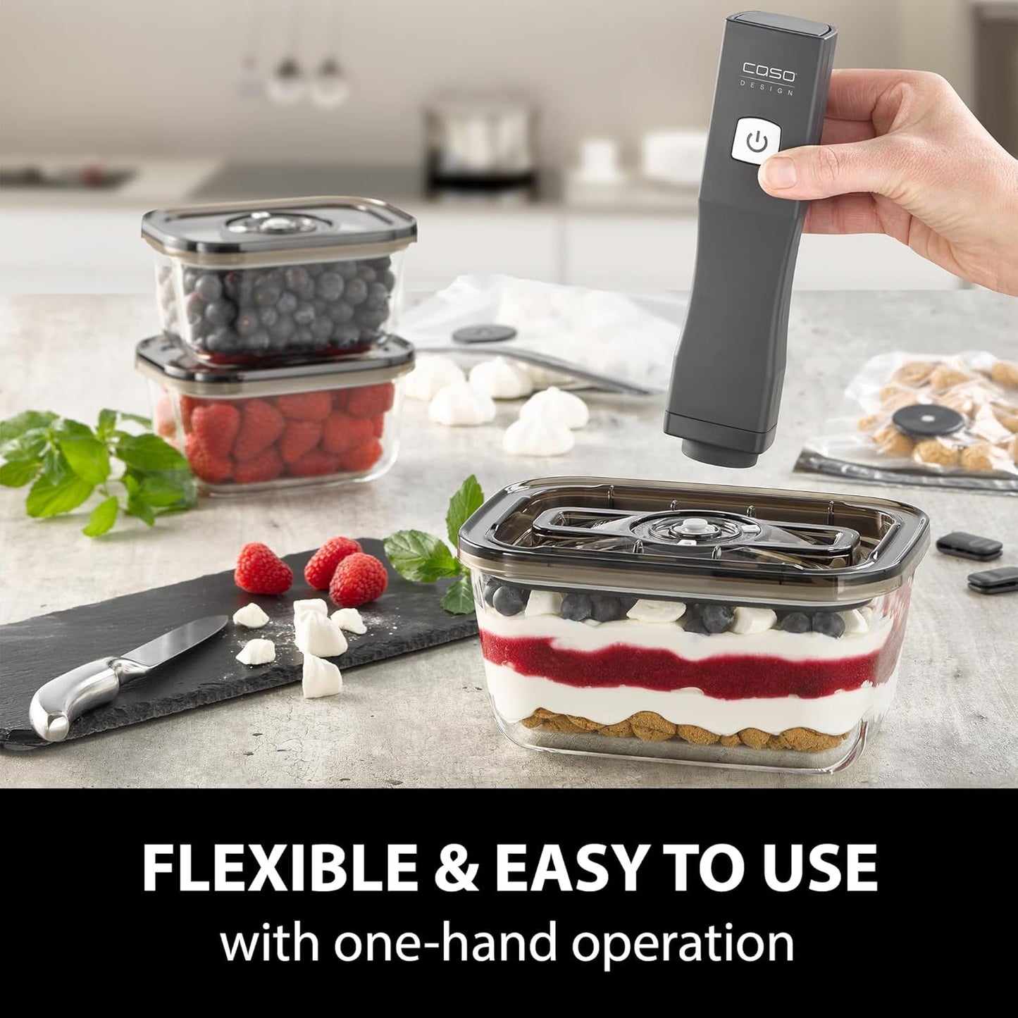 Set Caso Vacu OneTouch Eco, macchina per sottovuoto manuale, inclusi 3 contenitori sottovuoto in vetro e VacuBoxx Eco-Duo S - contenitore salvafreschezza sottovuoto / 2 contenitori da 500 ml ciascuno Contenitori per alimenti Naty Shop