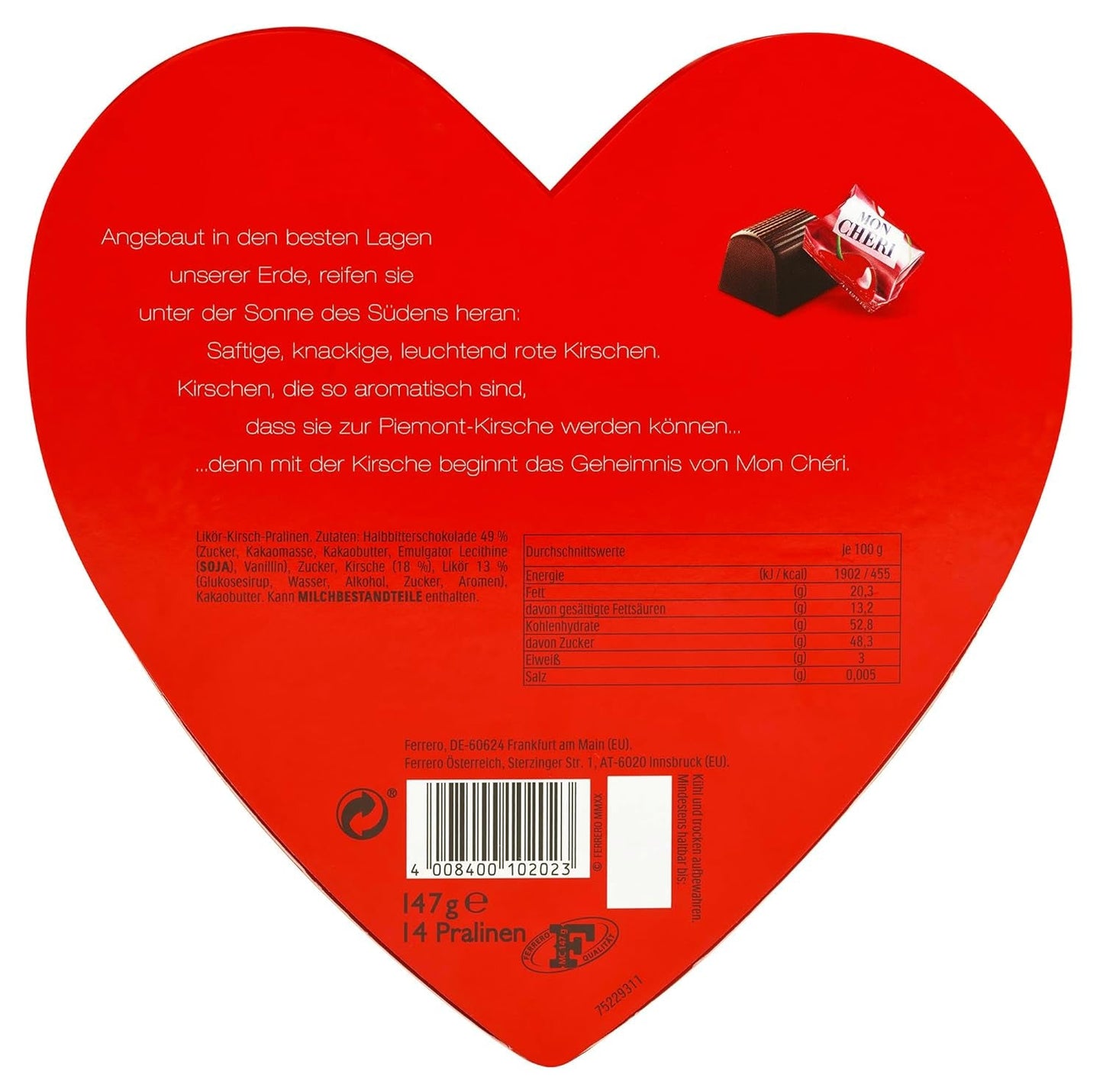 Ferrero Mon Chéri Heart - Regalo di Cioccolato per San Valentino per Lui e per Lei - Croccante di Cioccolato, Liquore Fruttato e Ciliegie Aromatizzate - Per San Valentino, Festa della Mamma e Pasqua - 1 Confezione da 147g