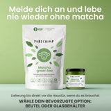 Polvere di matcha di grado cerimoniale Purechimp 50 g. Polvere di tè coltivata all'ombra pura al 100% per latte macchiato, infusi e ricette. Barattolo riciclabile. Ricco di antiossidanti.