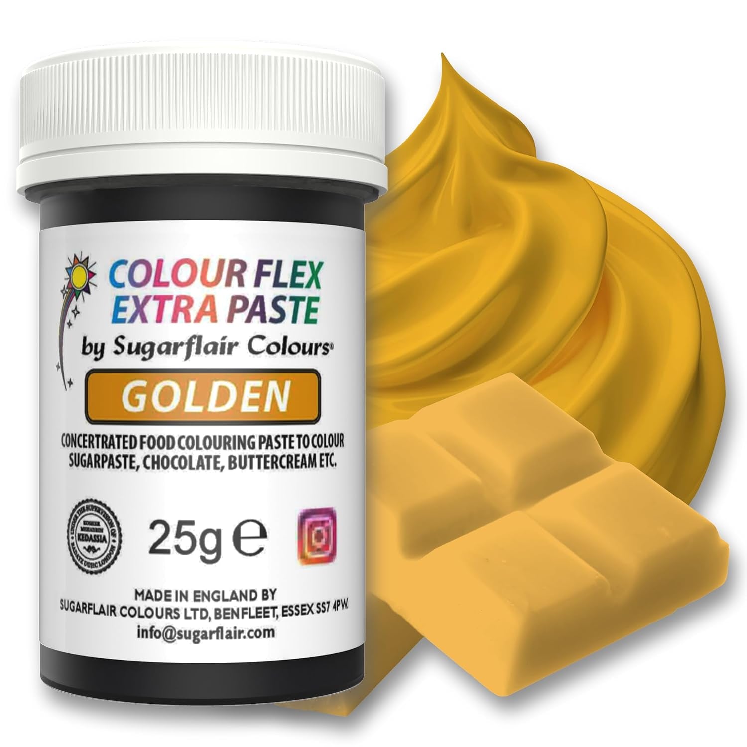 Pasta colorante alimentare Sugarflair Colourflex Extra Paste Golden - Colorante alimentare commestibile per crema al burro, cioccolato, pasta di zucchero, glassa, fondente, miscele per torte, impasti e altro - 25 g