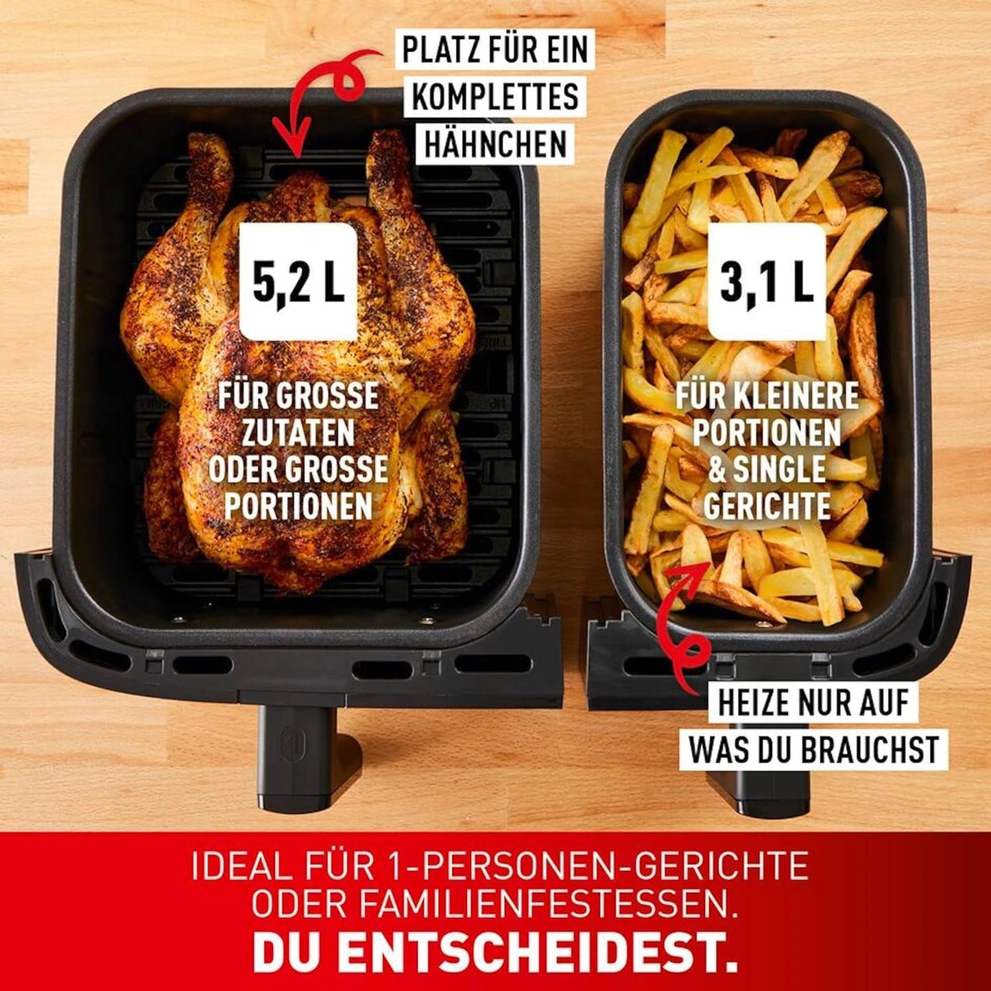 Friggitrice ad aria calda Tefal Dual Easy Fry con due camere, capacità 5,2/3,1 litri, due cassetti indipendenti, 7 programmi Elettrodomestici Naty Shop