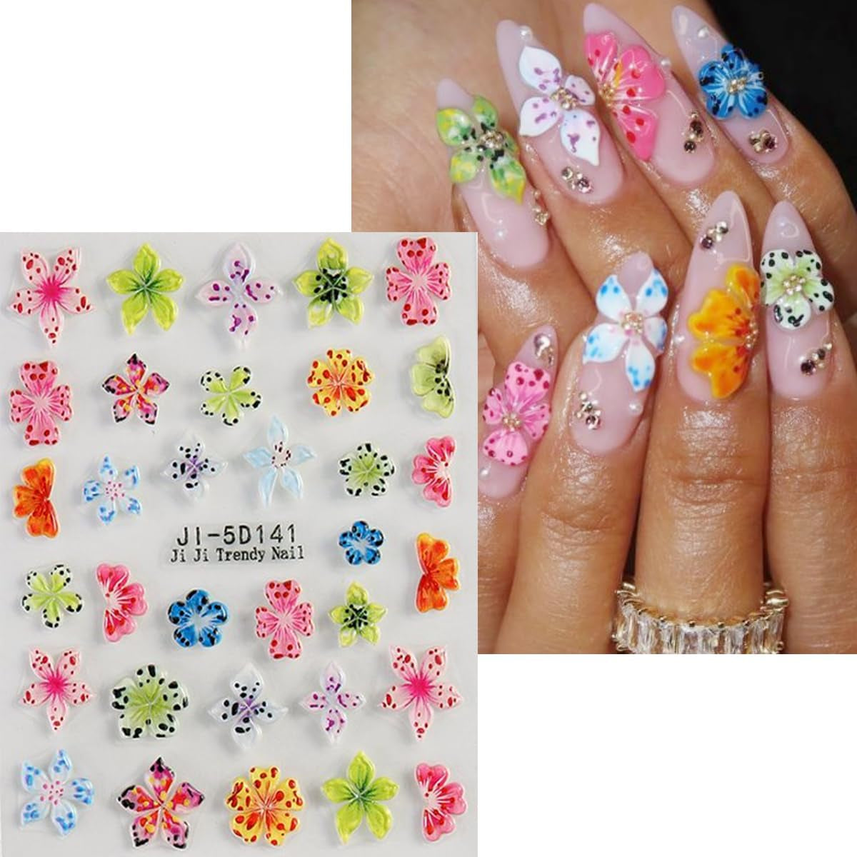 JMEOWIO 3D Nagelsticker Fiore colorato Nail Art Sticker Selbstklebend Nagelaufkleber 5D Stereoscopico Decorazione floreale primavera estate Nageldesign Zubehör 4 Blatt