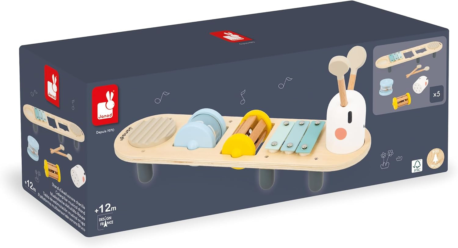 Janod - Tracce musicali Sweet Cocoon - 5 attività musicali per bambini - Educazione musicale precoce - Giocattolo in legno FSC - A partire da 12 mesi, J04058 Baby Toys Naty Shop