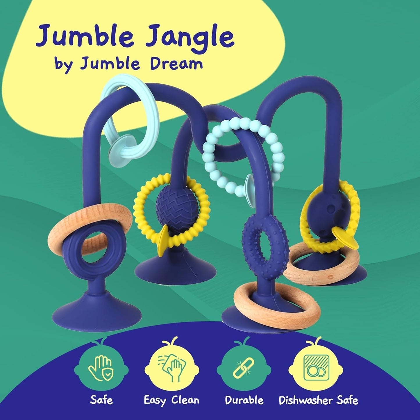 JUMBLE JANGLE Anello per la dentizione del bambino: Giocattolo per la dentizione del bambino 3-24 mesi | Set di 7 giocattoli da masticare senza BPA | Anello da dentizione in silicone rinfrescante | Giocattolo per bambini con ventosa per seggiolone, tavolo e vasca da bagno