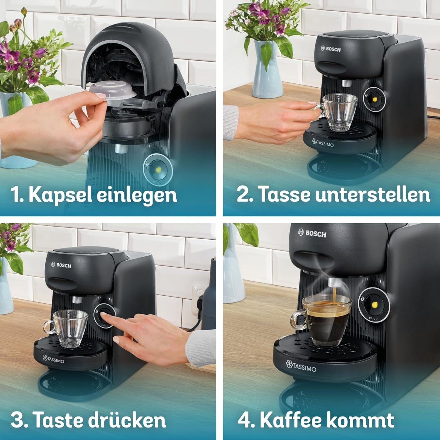 Macchina per caffè espresso a capsule Bosch Tassimo finesse TAS162E, 70 bevande, caffè più intenso premendo un pulsante, spegnimento automatico, sostenibile, dosaggio perfetto, 1400 W, nero/nero
