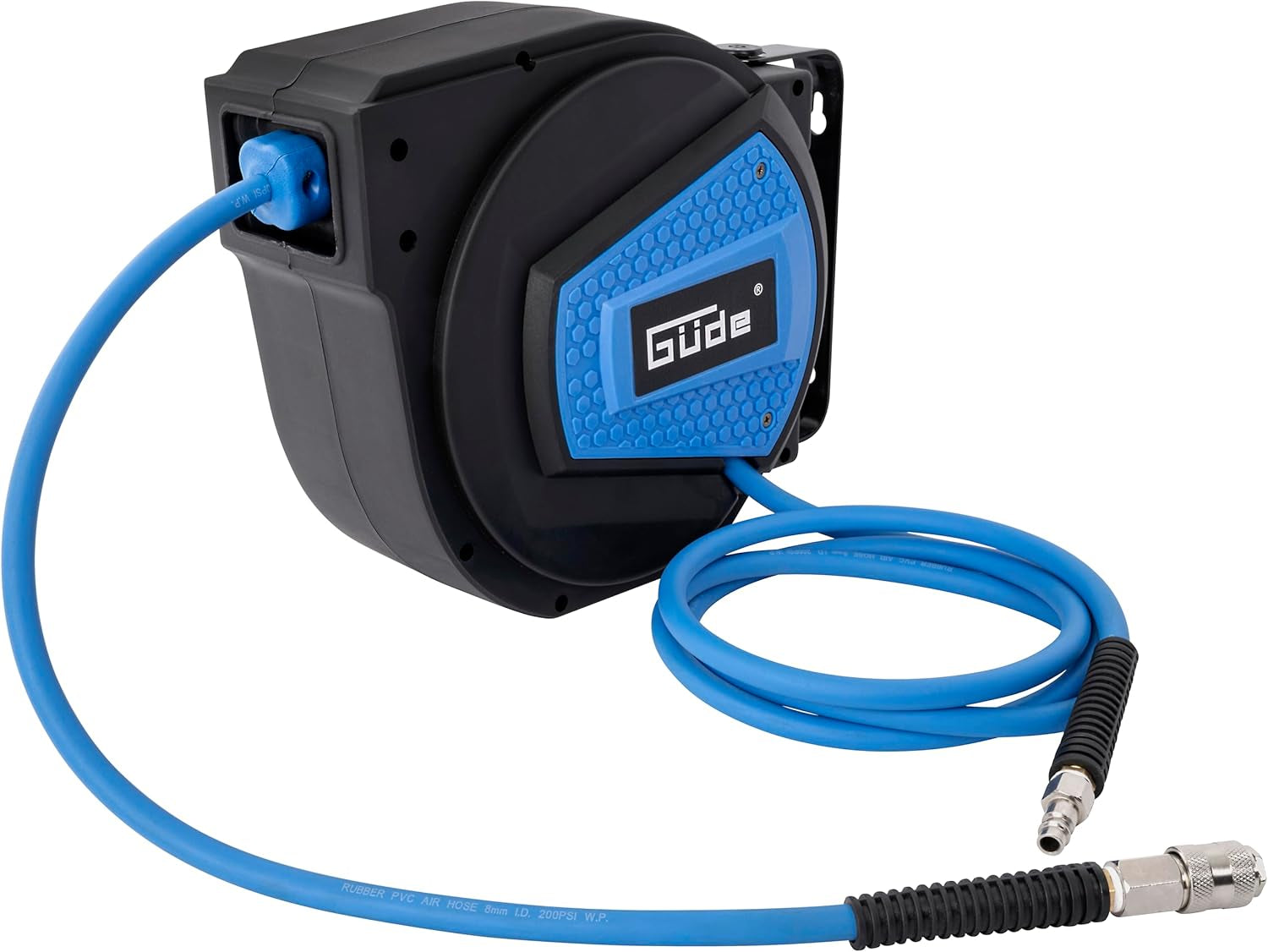 Avvolgitubo automatico Güde 10 m (pressione di esercizio 12 bar, rotazione di 180°, tubo per aria compressa estremamente flessibile, resistente all'olio e alla temperatura, filettatura di collegamento 1/4", supporto a parete)