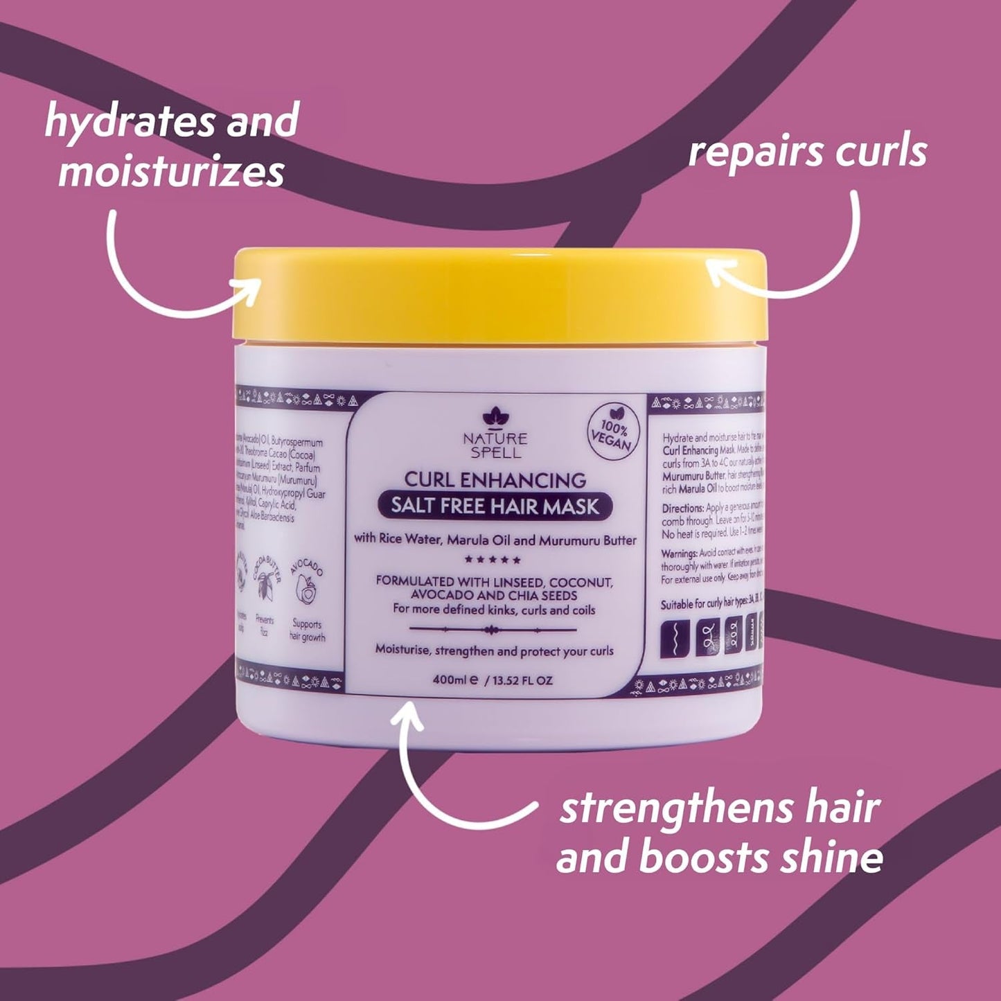 Maschera per Capelli Ricci di Nature Spell 400ml - Arricchita con Acqua di Riso e Semi di Lino, per Tutti i Tipi di Ricci, Senza Solfati Naty Shop Hair Mask