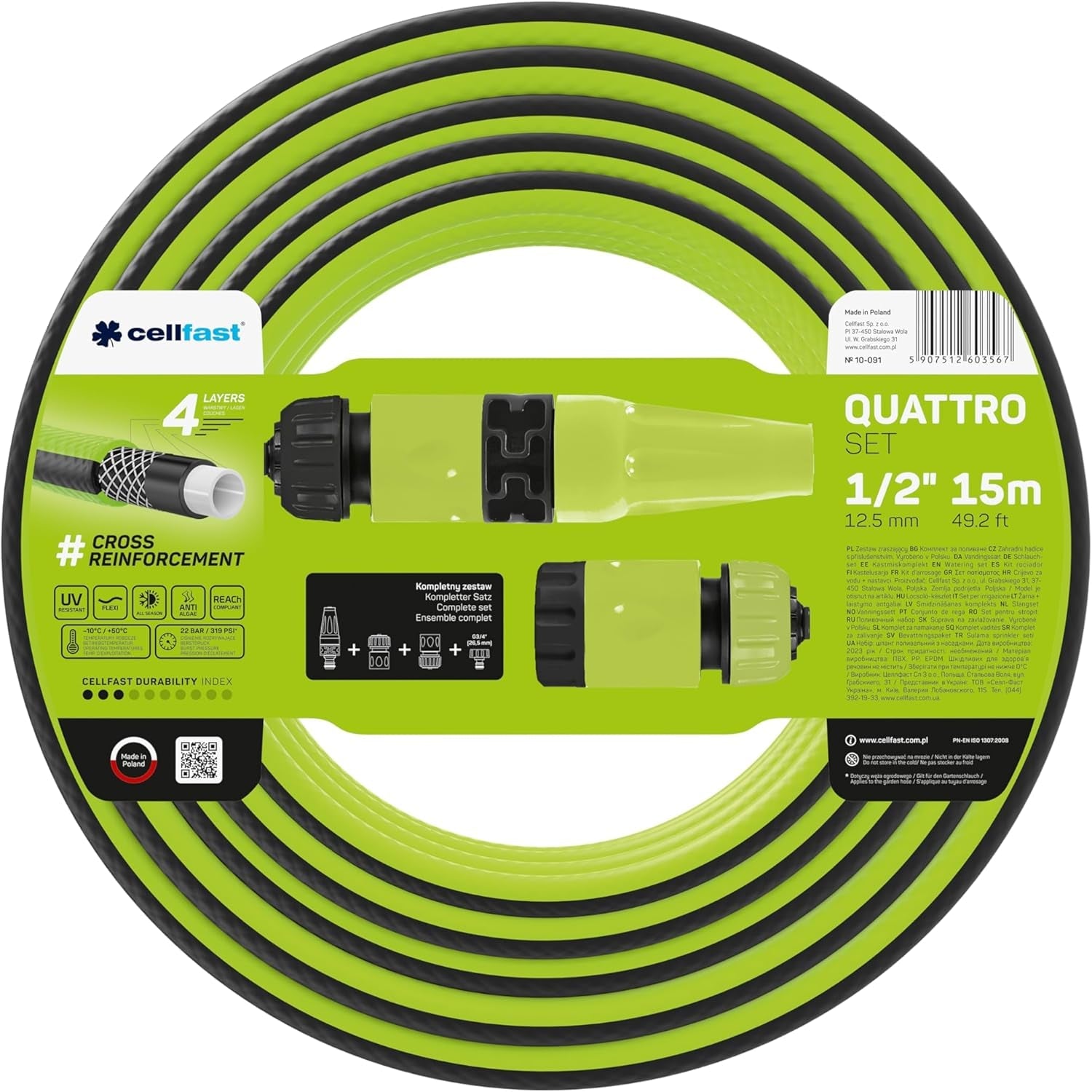 Tubo da giardino Cellfast QUATTRO Tubo flessibile da giardino durevole e leggero a 4 strati resistente ai raggi UV con treccia incrociata 20 Bar 3/4" 15 m 10-074