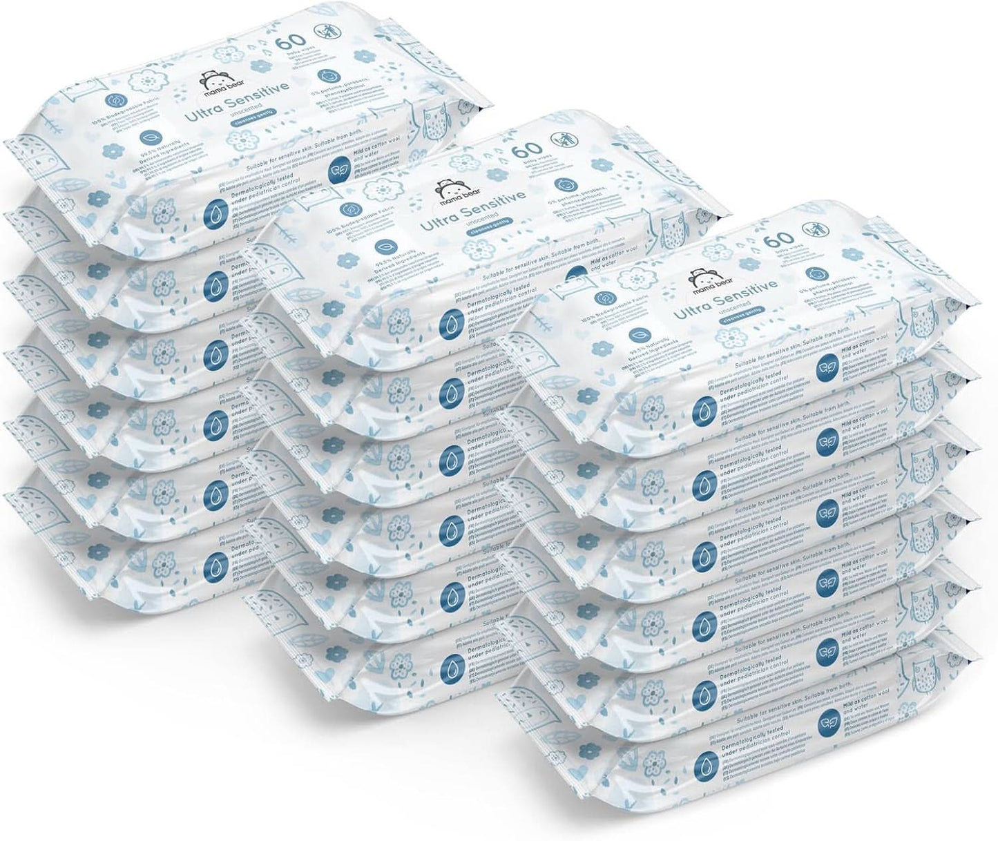 Salviette per neonati Mama Bear Ultra Sensitive senza profumo, 1008 unità (18 confezioni da 60) Naty Shop