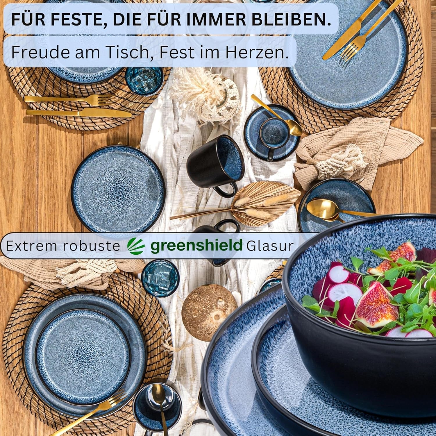 SÄNGER Aruba | Servizio Piatti in Gres per 6, 6 Piatti Piani, 6 Piatti Colazione, 6 Piatti Piani, 6 Ciotole Pasta, Blu con Bordo Nero | LA COLLEZIONE DI VALORE