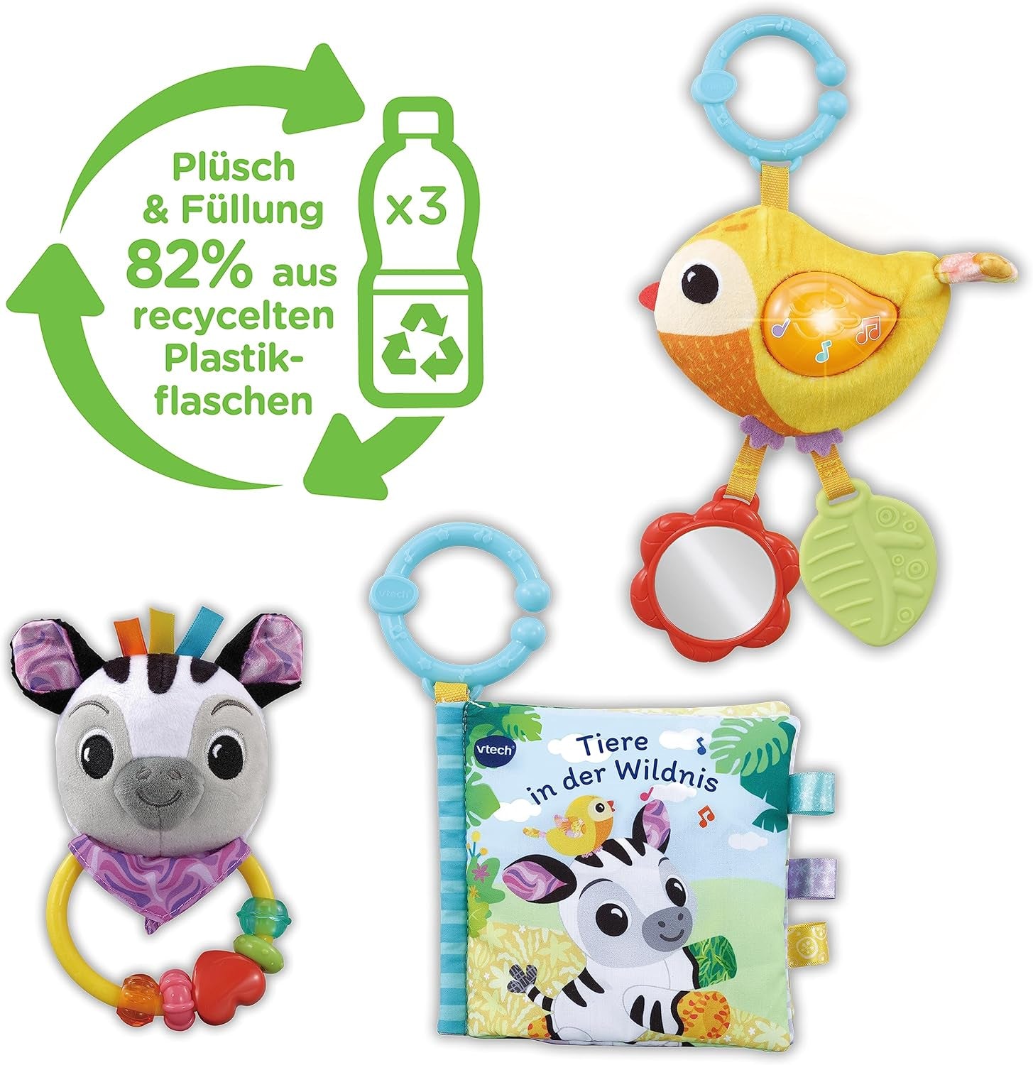 VTech Baby - Set regalo Amici Animali per Bebè - Set di giocattoli con libro in stoffa, uccellino che canta e sonaglio zebrato - Per bambini da 0 a 24 mesi Naty Shop