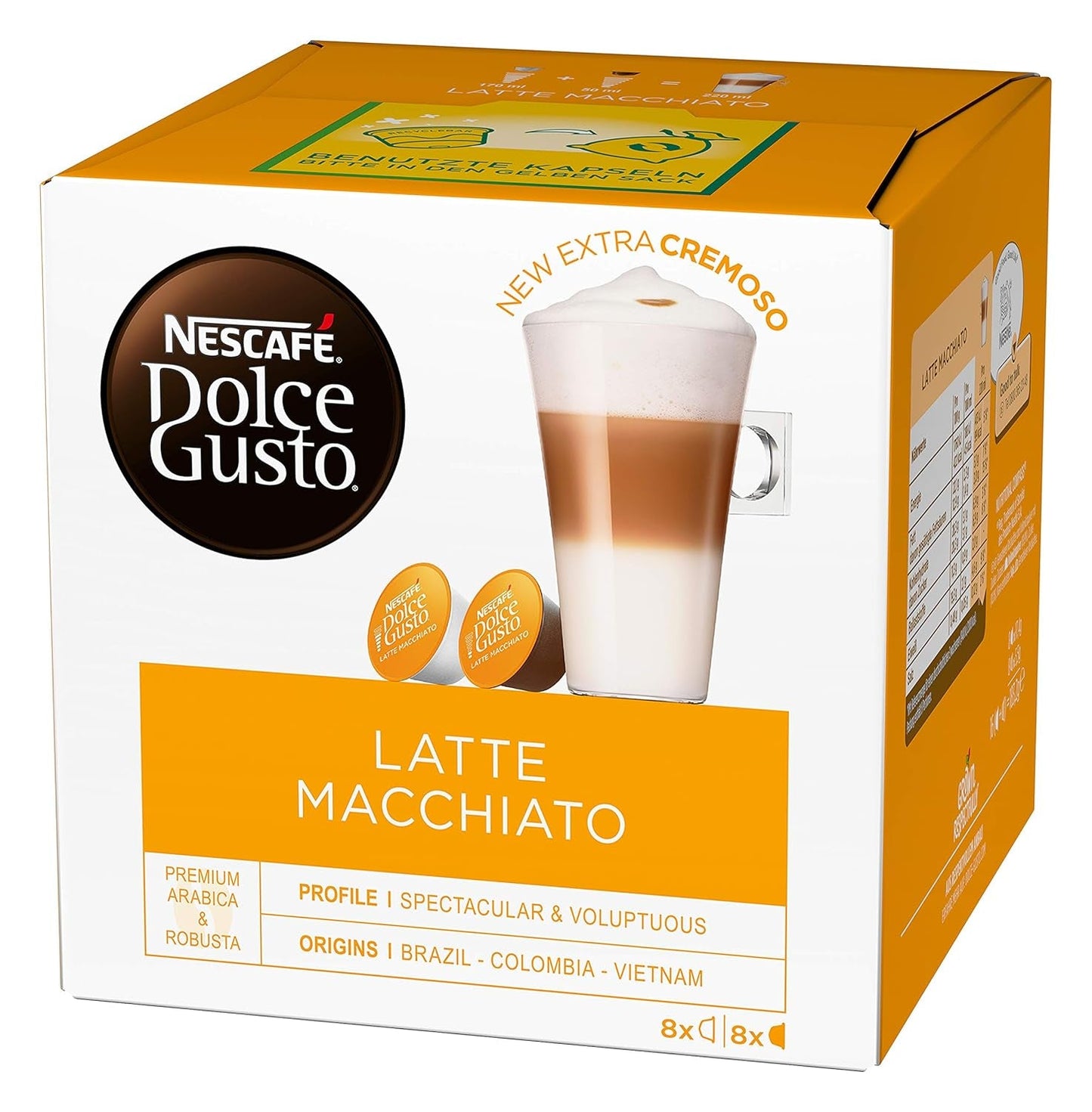 NESCAFÉ Dolce Gusto Latte Macchiato, 48 Kaffeekapseln, Aromatischer Espresso, 3-Schichten - Köstlichkeit aus feinem Milchschaum, Aromaversiegelte Kapseln, 9er Pack (3x16 Kapseln)