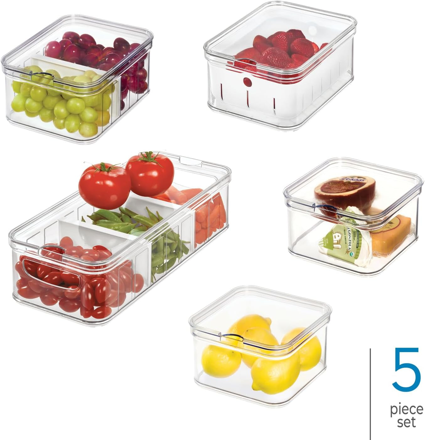 iDesign Scatole portaoggetti, Organizer per frigorifero con coperchio in set da 5, Scatole portaoggetti in plastica riciclata per organizzare i materiali di consumo, Scatole portaoggetti Naty Shop trasparenti e bianche