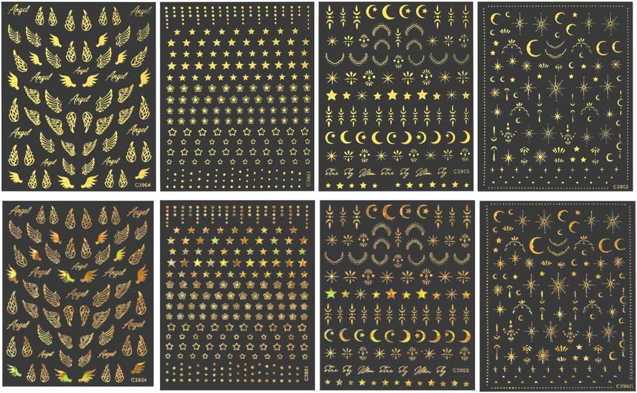 8 fogli Luna e stelle dorate Adesivi per nail art Ali d'angelo Adesivi per unghie color oro marrone chiaro Stelle Foil per unghie Adesivi autoadesivi per unghie Accessori per il design delle unghie Adesivi per unghie
