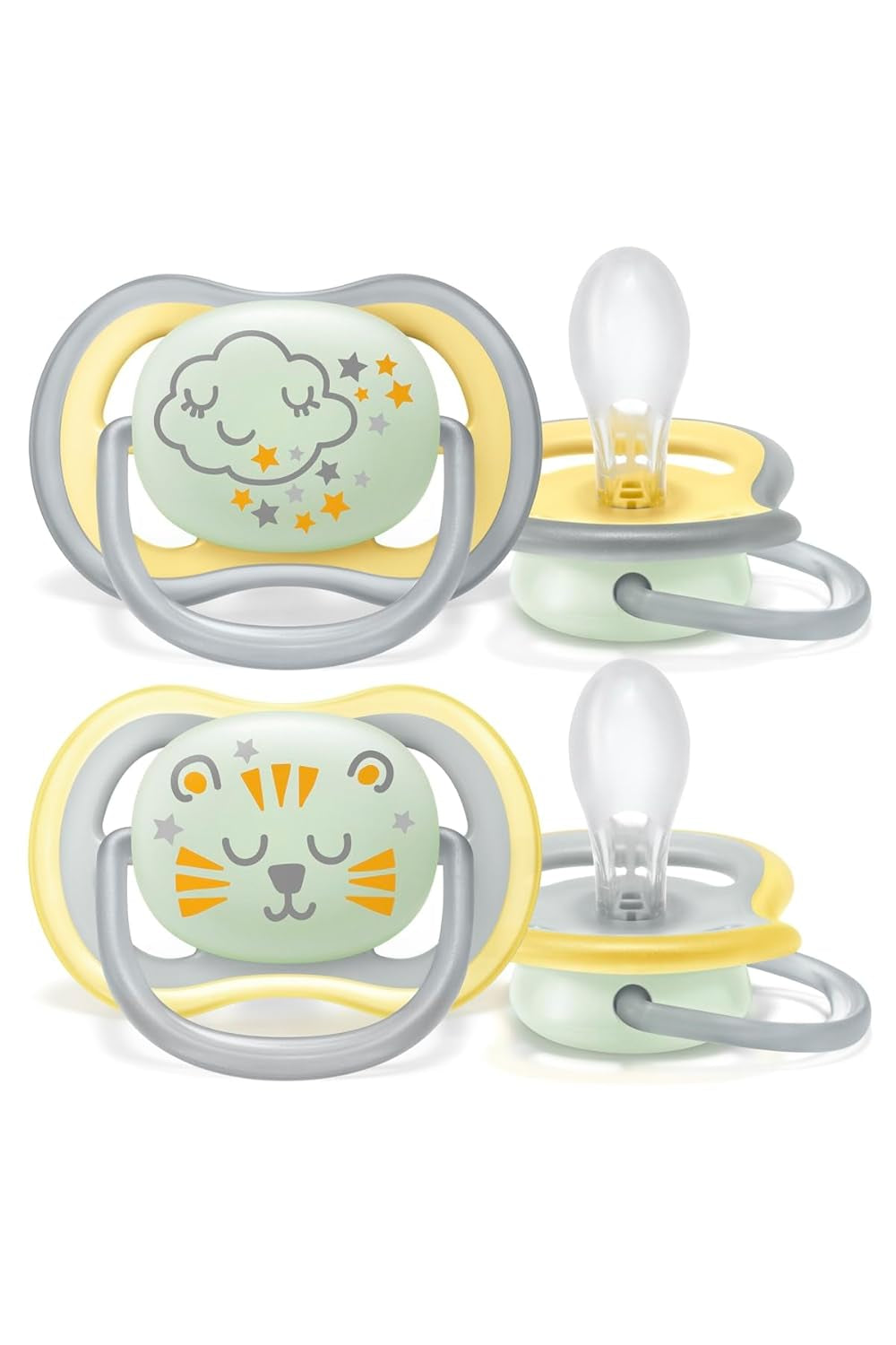 Philips AVENT Ciuccio notturno Ultra Air per bambini dai 18 mesi in su Si illumina al buio, confezione doppia Nuvola/Tigre (modello SCF376/01)