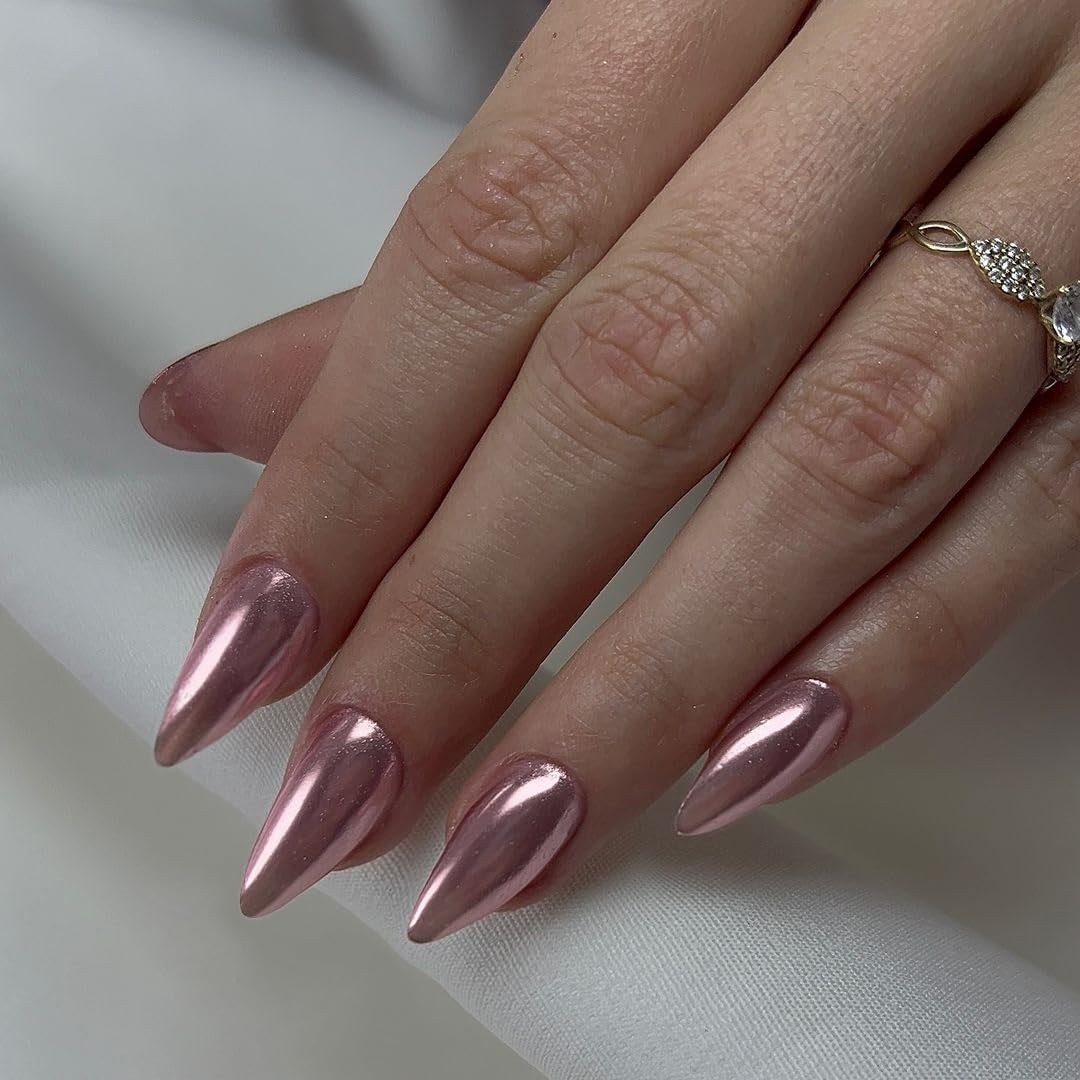 Unghie cromate autoadesive - Colla glitterata marrone mandorla media sulle unghie Unghie finte glitterate Colla sulle unghie artificiali Unghie acriliche smaltate per donne 24 pezzi