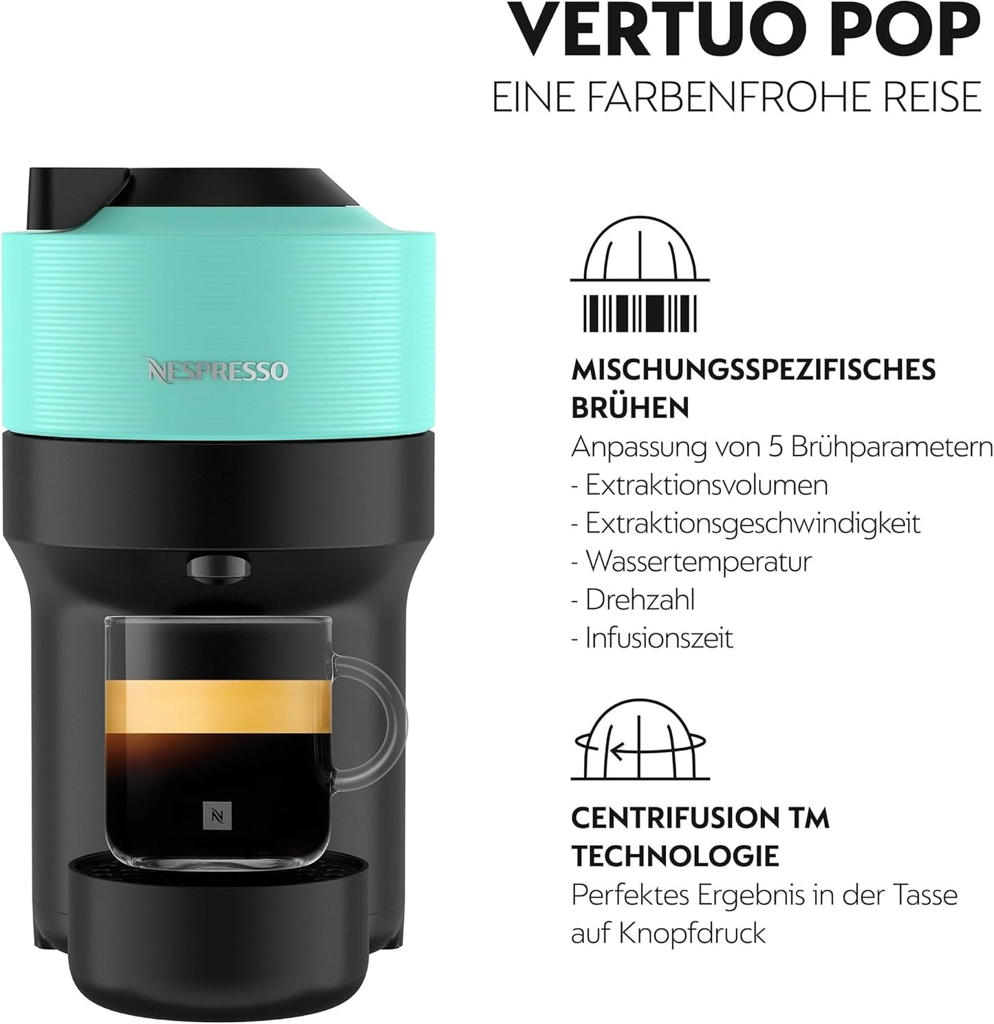 Macchina per caffè espresso con capsule Nespresso Krups Vertuo Pop, capacità: 560 ml, riconoscimento automatico delle capsule, sistema one-touch, 4 dimensioni di tazza, tempo di riscaldamento ridotto, sostenibile, Aqua Mint, XN9204