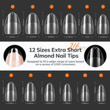 Modelones Nail Tips 216 pezzi - Set di punte per unghie a copertura totale, Set di punte in gel morbido, Punte per unghie in resina PMMA pre-lucidatura, Colla fai-da-te su unghie artificiali, Mandorle corte XS