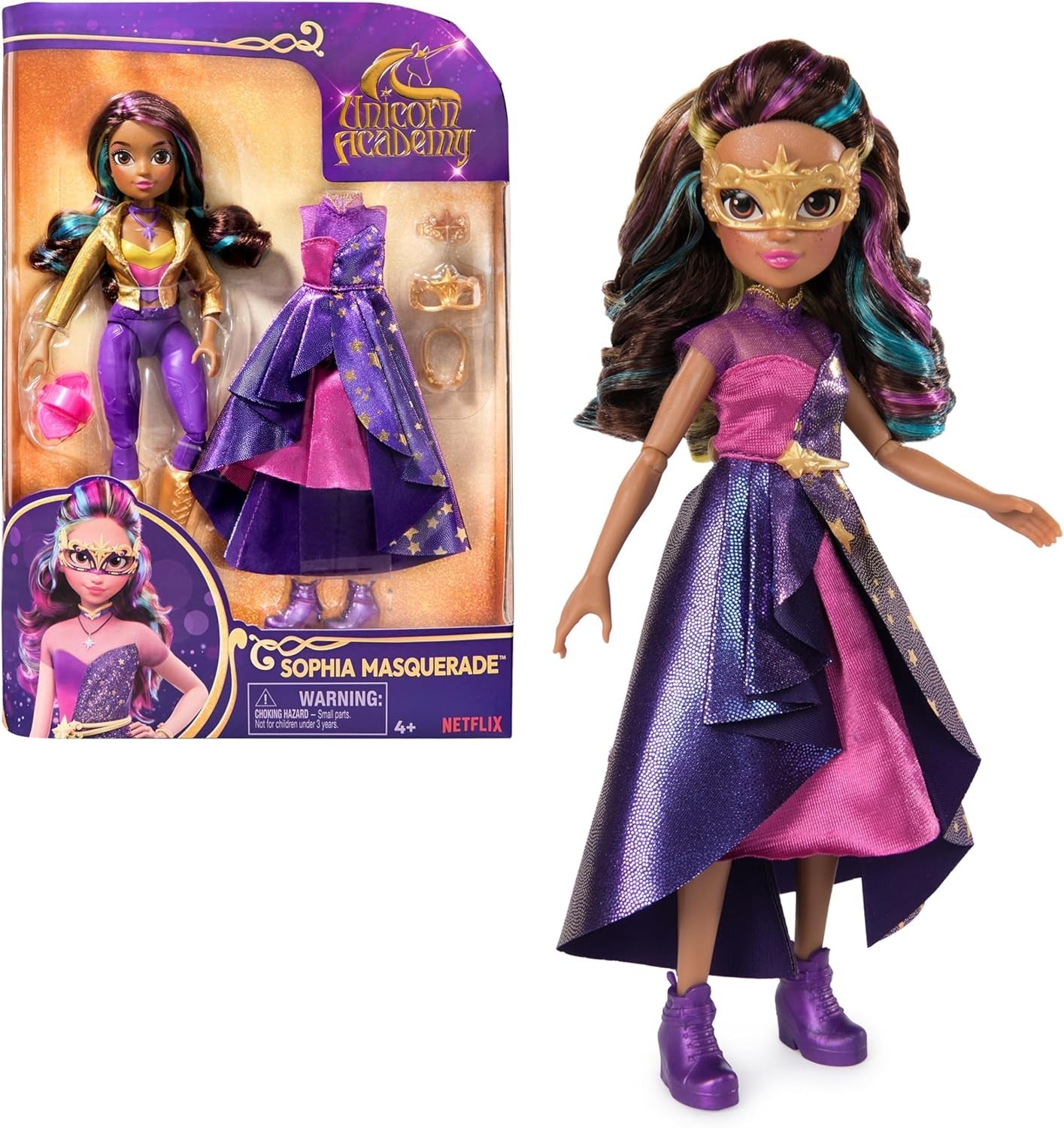 Unicorn Academy Deluxe Masquerade Ball - Sophia Original Doll della popolare serie Netflix, alta 24 cm, con 2 abiti e accessori, dai 4 anni in su