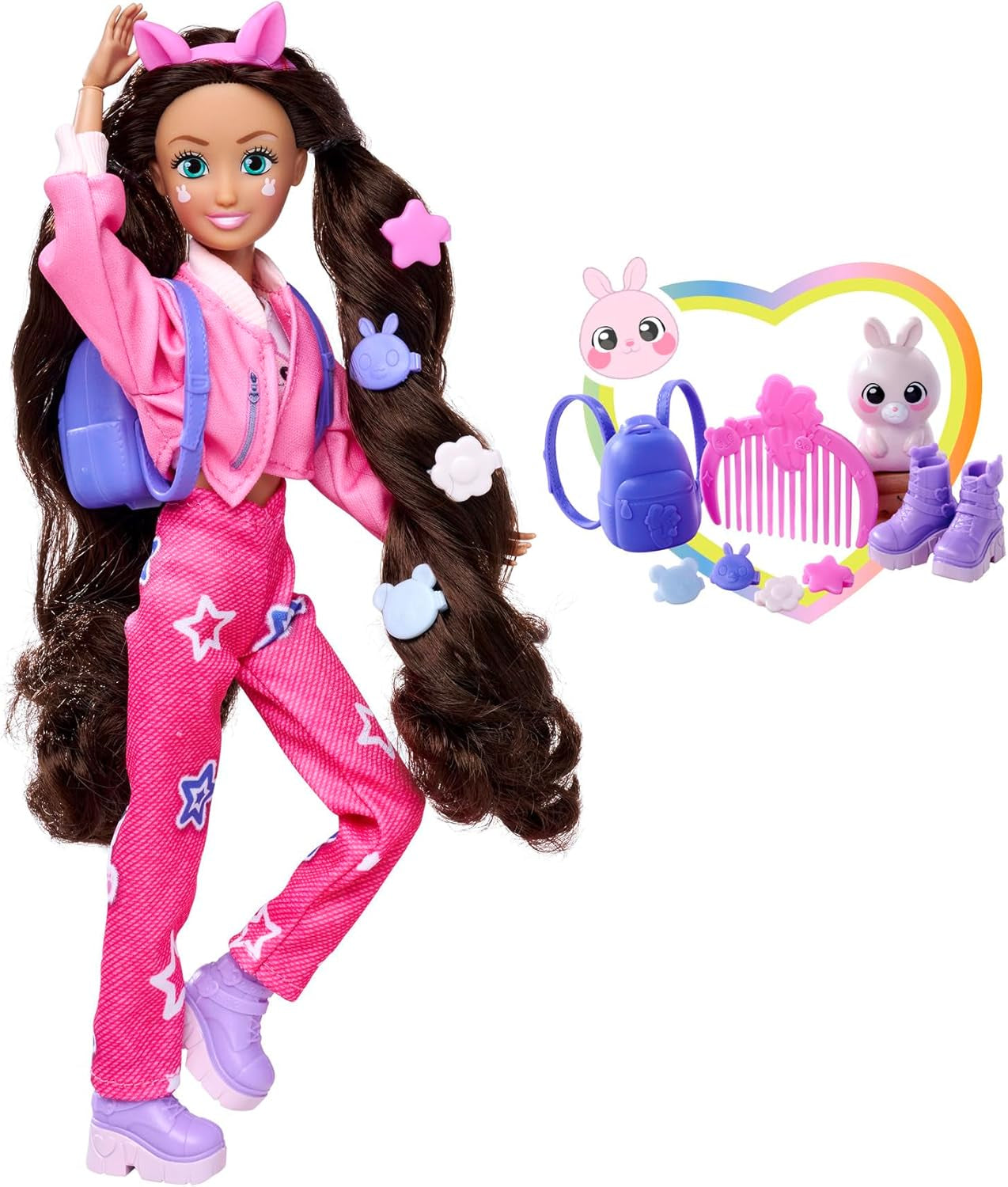 Simba 105953975 - Kawaii Hi Dress-Up Lucy Doll (26 cm) - Bambola articolata per parrucchiere, bambola coniglio a pelo lungo e accessori giocattolo da 4 anni in su
