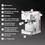 Caso Espresso Gourmet - Macchina per caffè espresso con portafiltro in acciaio inossidabile, potente pompa Ulka da 19 bar, con montalatte, per caffè macinato o capsule di caffè ESE, per 2 tazze, con scaldatazze