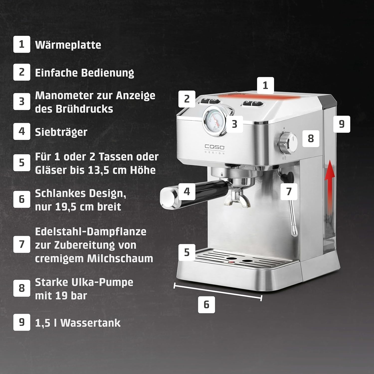 Caso Espresso Gourmet - Macchina per caffè espresso con portafiltro in acciaio inossidabile, potente pompa Ulka da 19 bar, con montalatte, per caffè macinato o capsule di caffè ESE, per 2 tazze, con scaldatazze
